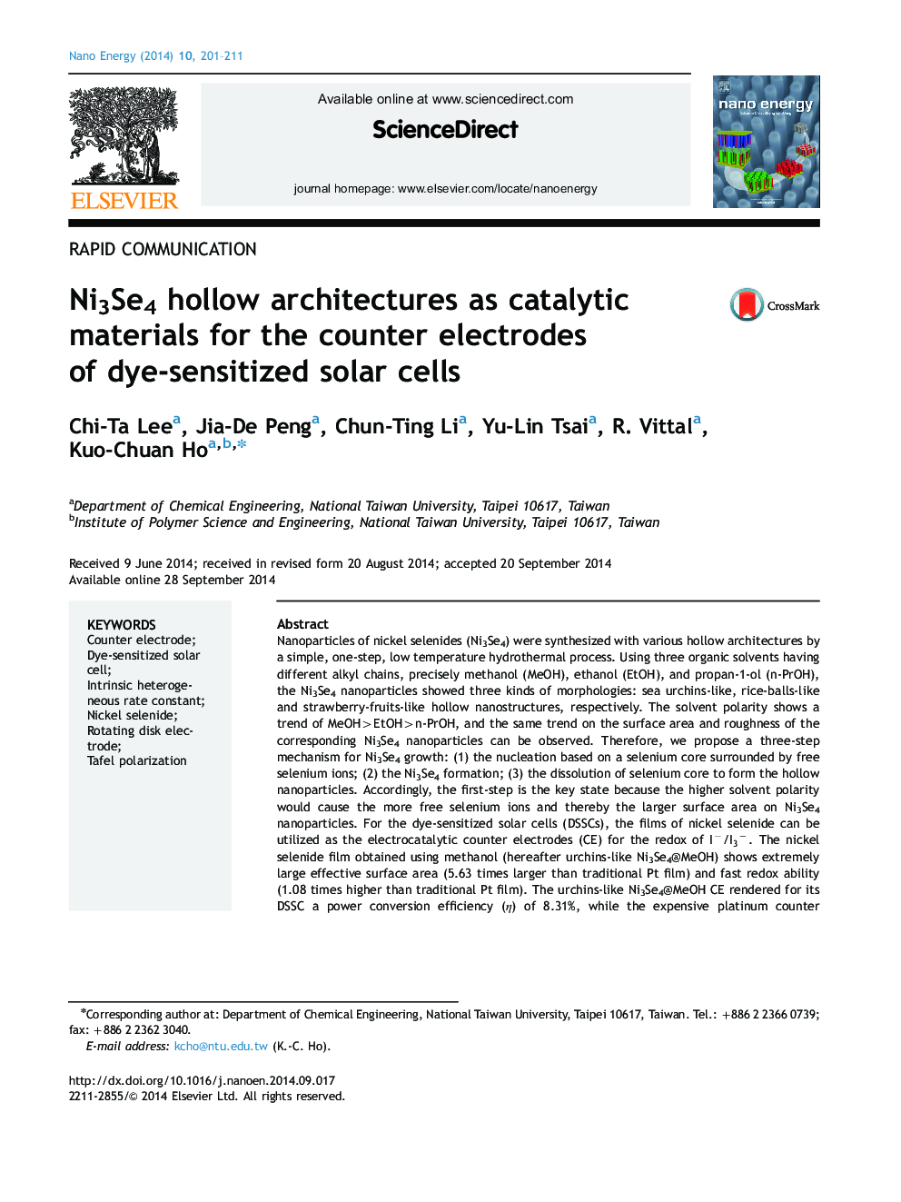 Ni3Se4 hollow architectures as catalytic materials for the counter electrodes of dye-sensitized solar cells