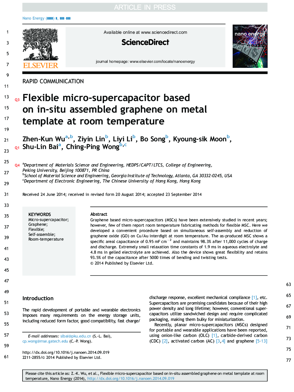 عکس صفحه اول مقاله: Flexible micro-supercapacitor based on in-situ assembled graphene on metal template at room temperature Flexible micro-supercapacitor based on in-situ assembled graphene on metal template at room temperature