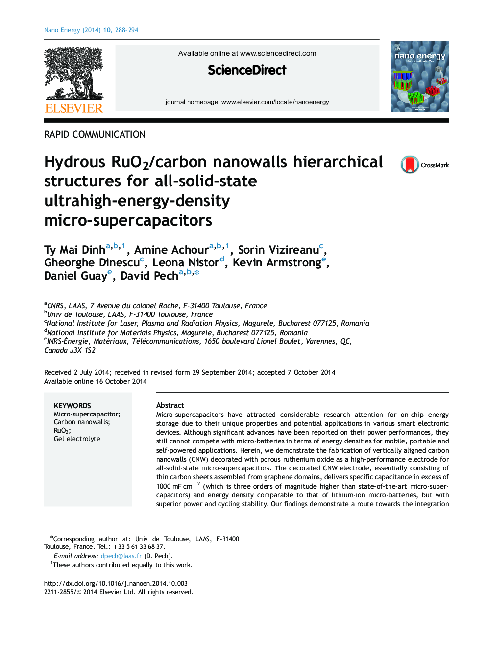 Hydrous RuO2/carbon nanowalls hierarchical structures for all-solid-state ultrahigh-energy-density micro-supercapacitors
