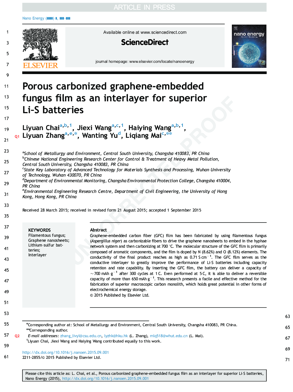 Porous carbonized graphene-embedded fungus film as an interlayer for superior Li-S batteries