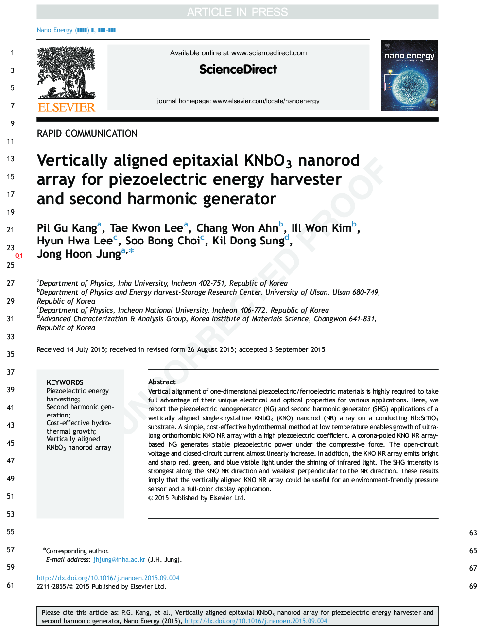 Vertically aligned epitaxial KNbO3 nanorod array for piezoelectric energy harvester and second harmonic generator