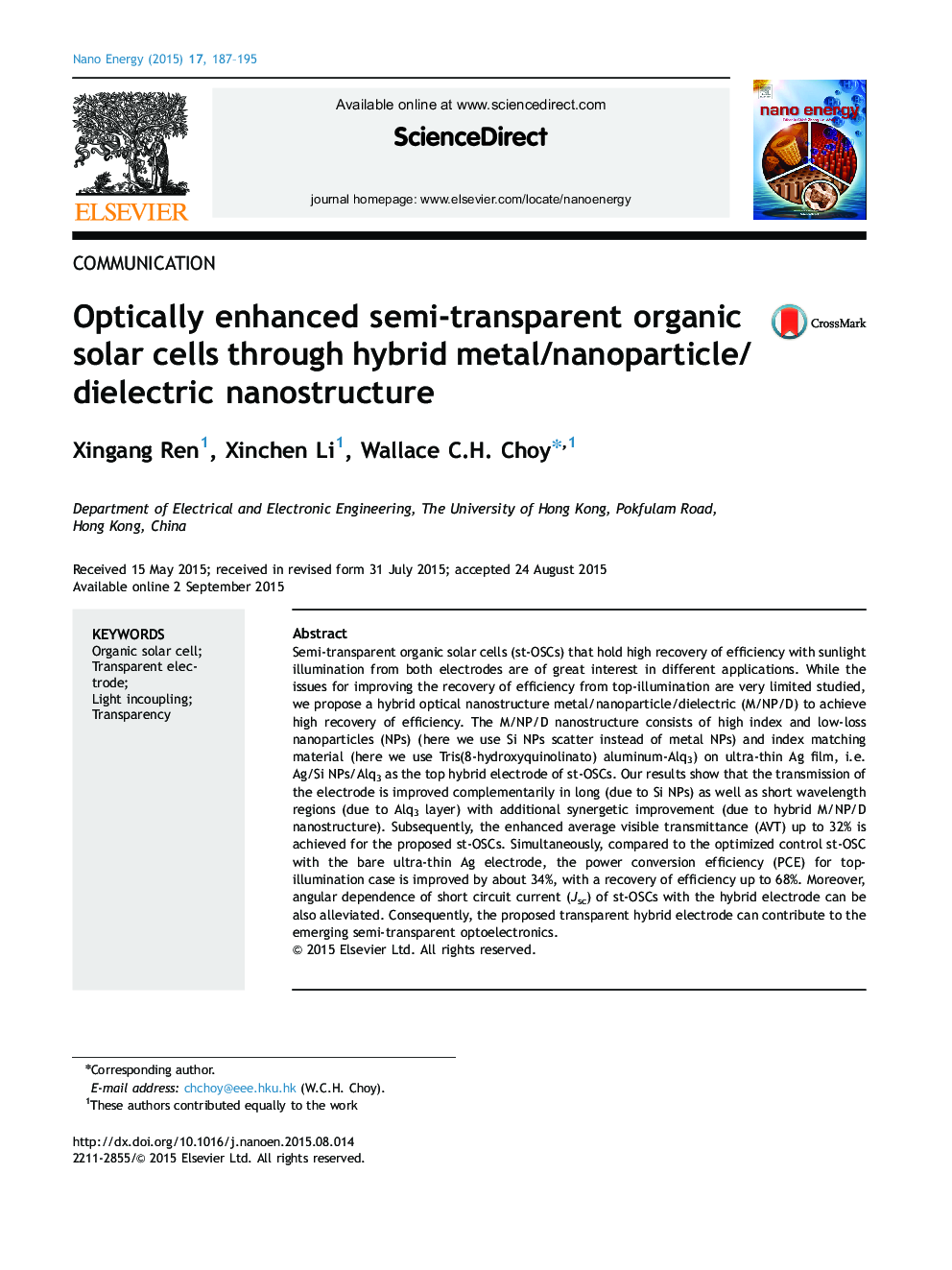 Optically enhanced semi-transparent organic solar cells through hybrid metal/nanoparticle/dielectric nanostructure