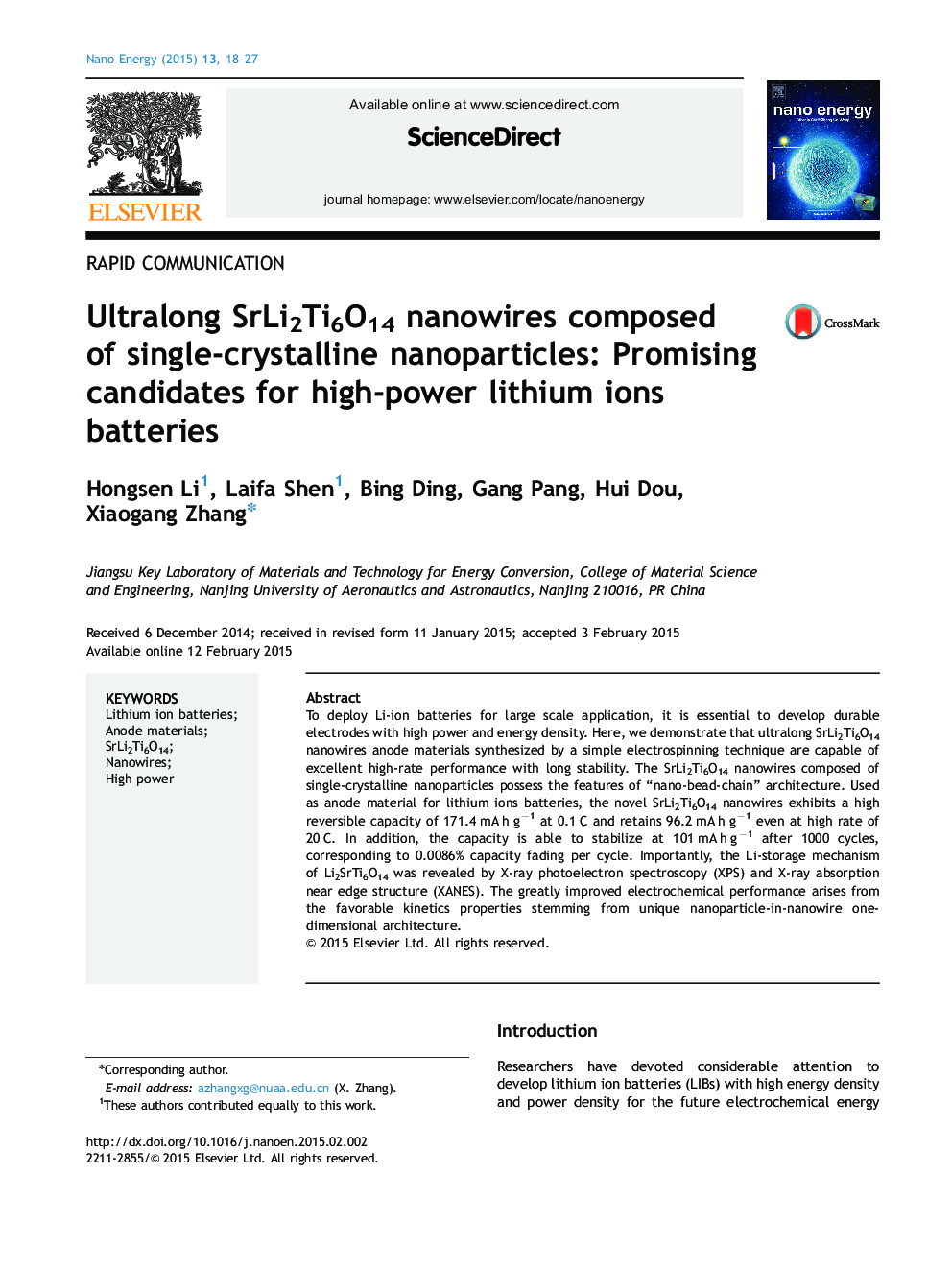 Ultralong SrLi2Ti6O14 nanowires composed of single-crystalline nanoparticles: Promising candidates for high-power lithium ions batteries