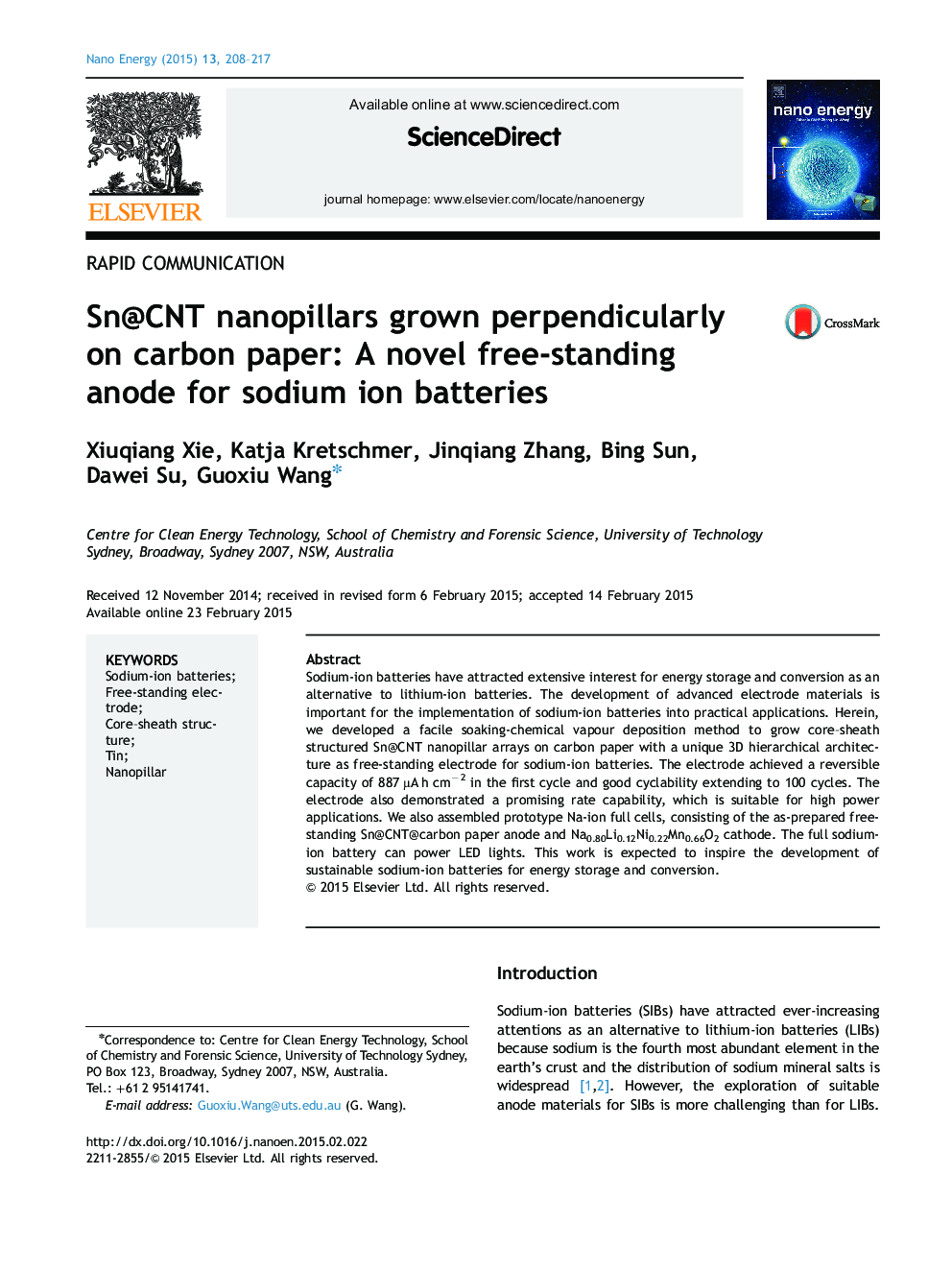 Sn@CNT nanopillars grown perpendicularly on carbon paper: A novel free-standing anode for sodium ion batteries