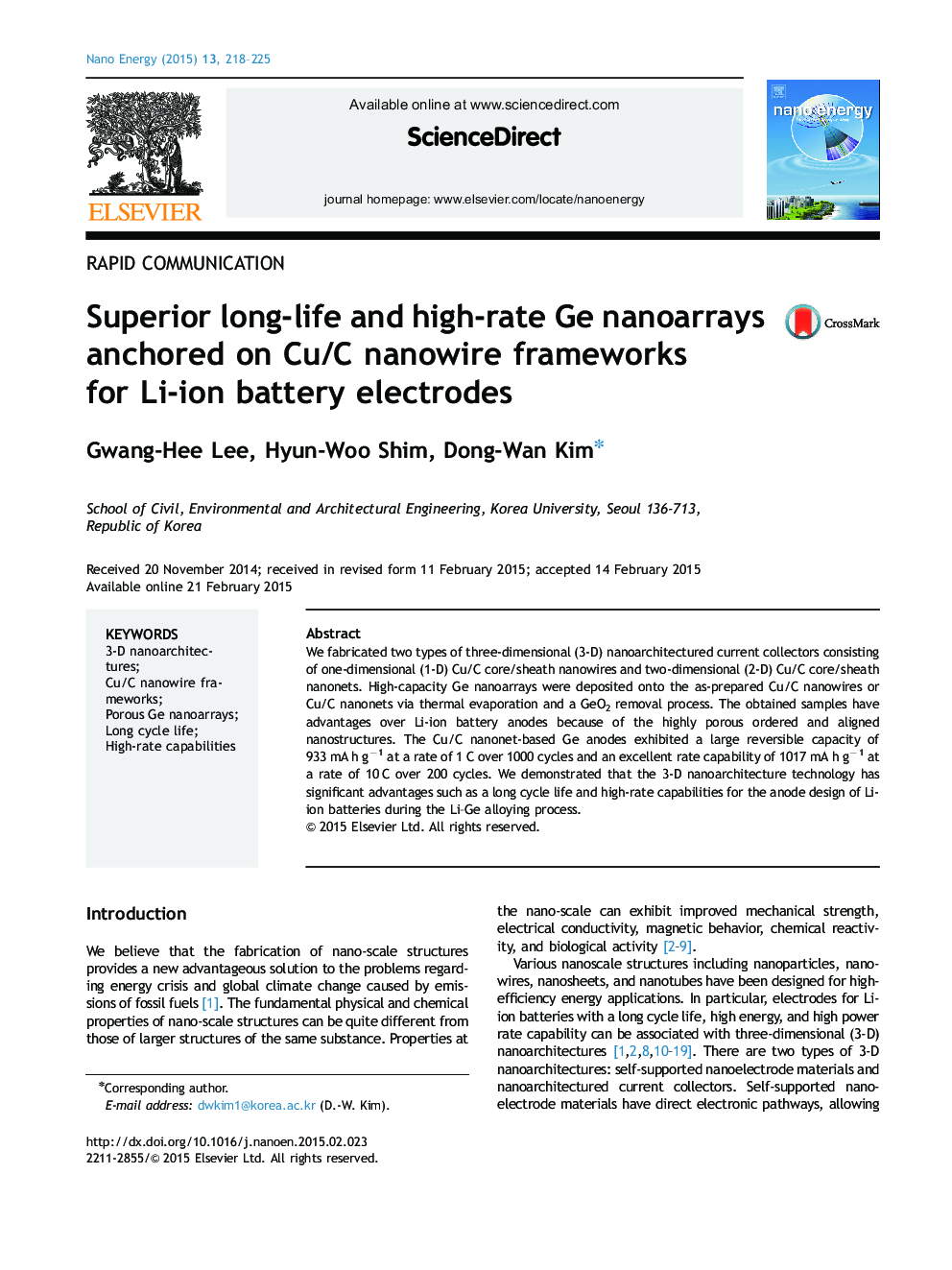 Superior long-life and high-rate Ge nanoarrays anchored on Cu/C nanowire frameworks for Li-ion battery electrodes