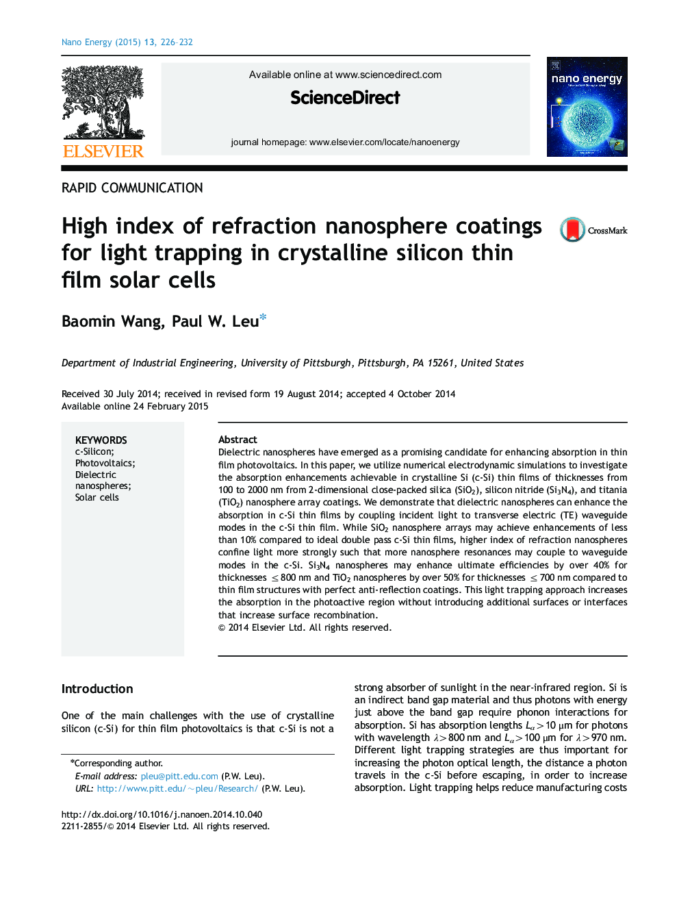 High index of refraction nanosphere coatings for light trapping in crystalline silicon thin film solar cells
