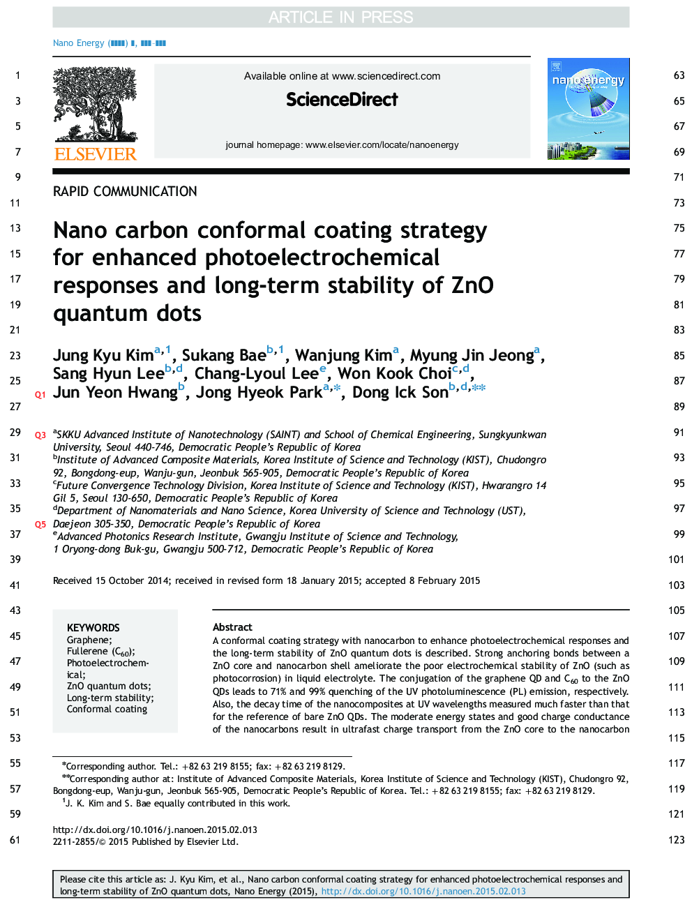 Nano carbon conformal coating strategy for enhanced photoelectrochemical responses and long-term stability of ZnO quantum dots