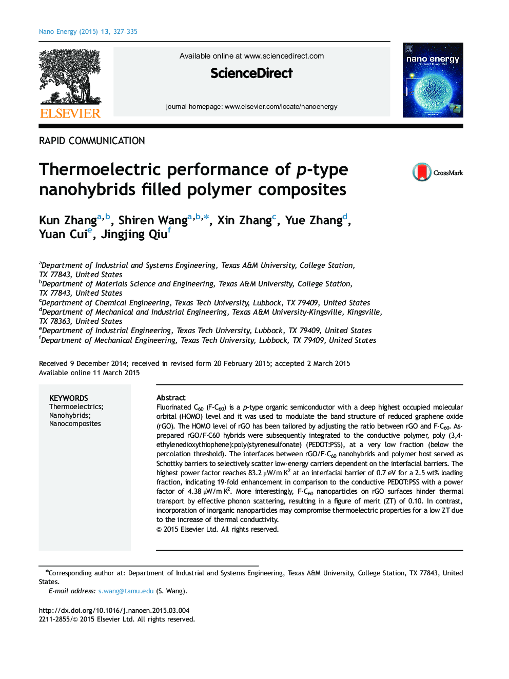 Thermoelectric performance of p-type nanohybrids filled polymer composites