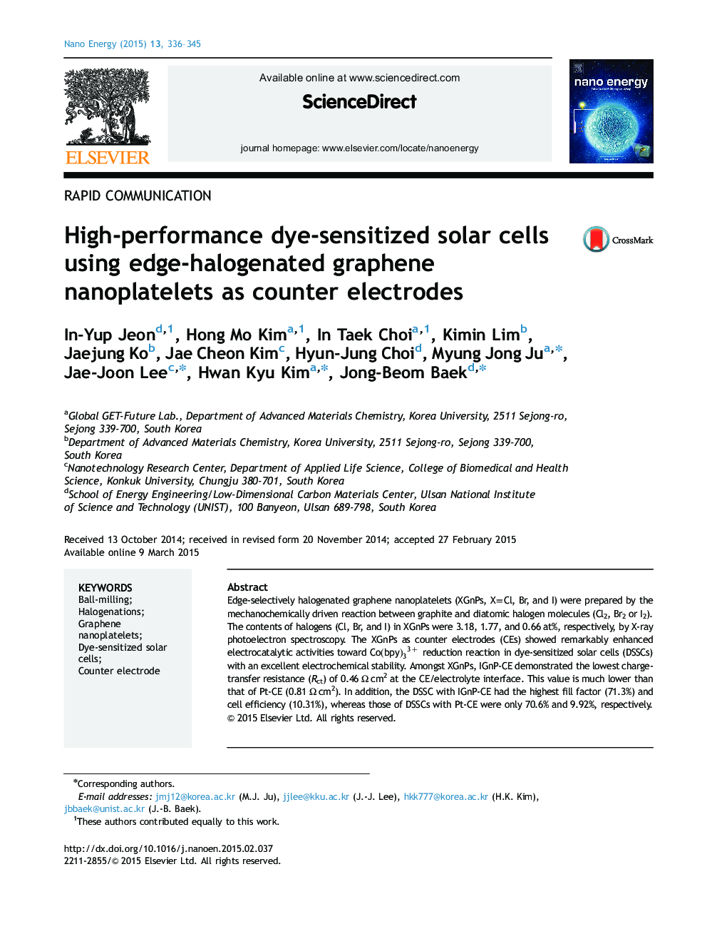 High-performance dye-sensitized solar cells using edge-halogenated graphene nanoplatelets as counter electrodes