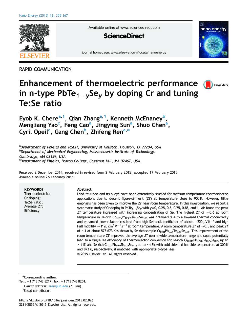 Enhancement of thermoelectric performance in n-type PbTe1−ySey by doping Cr and tuning Te:Se ratio