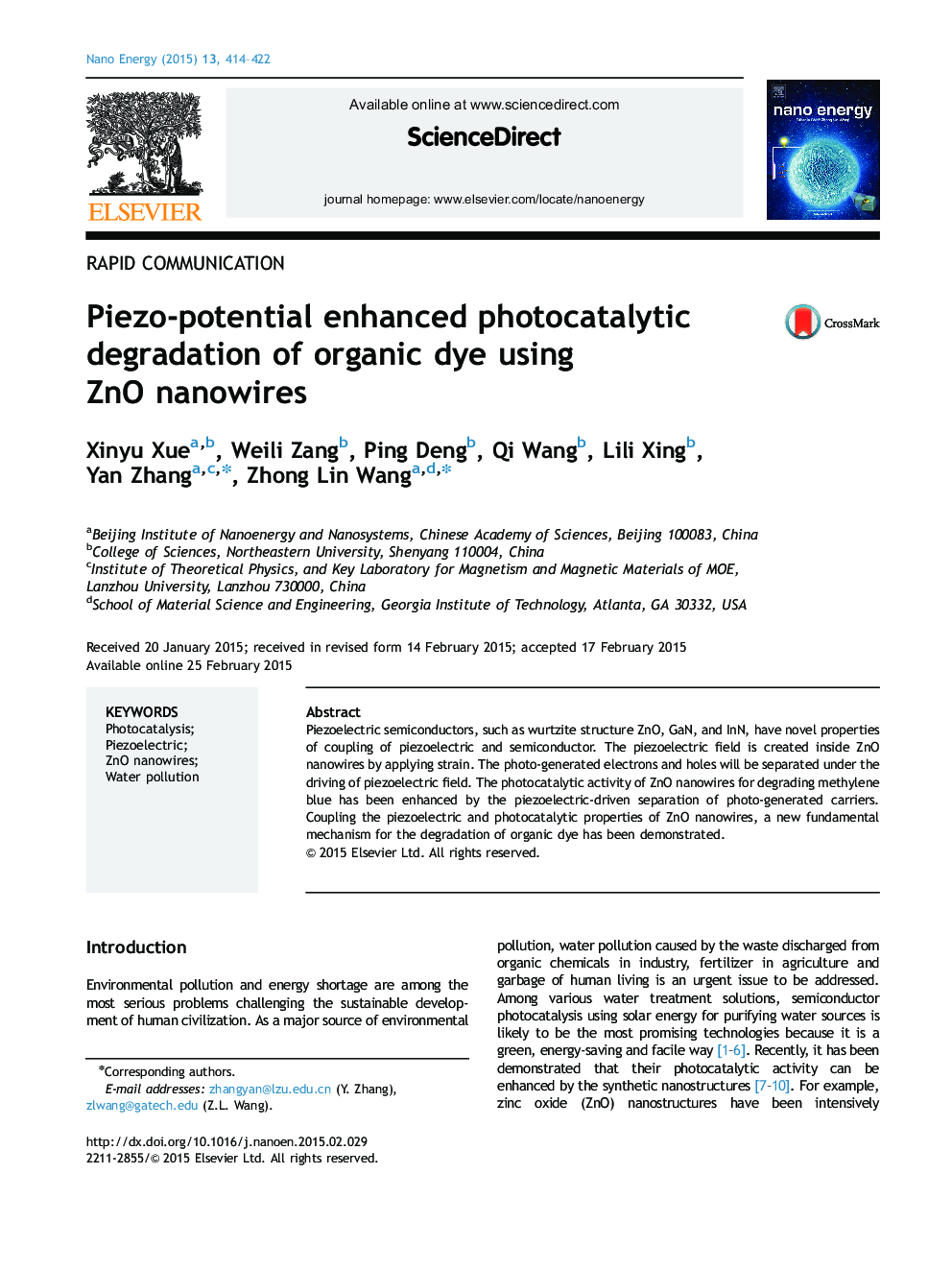 Piezo-potential enhanced photocatalytic degradation of organic dye using ZnO nanowires