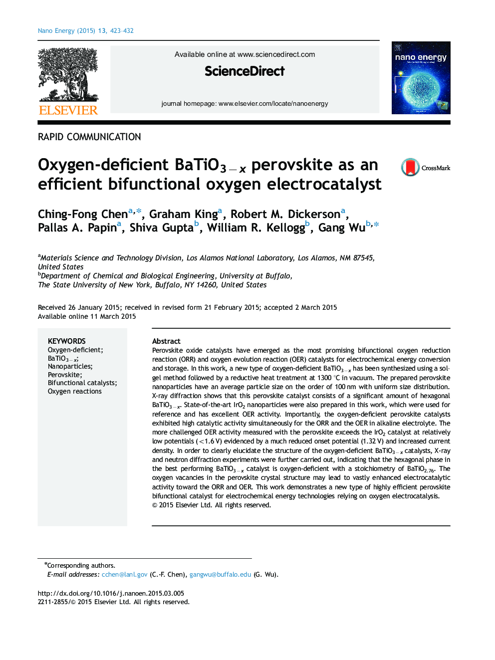 Oxygen-deficient BaTiO3âx perovskite as an efficient bifunctional oxygen electrocatalyst