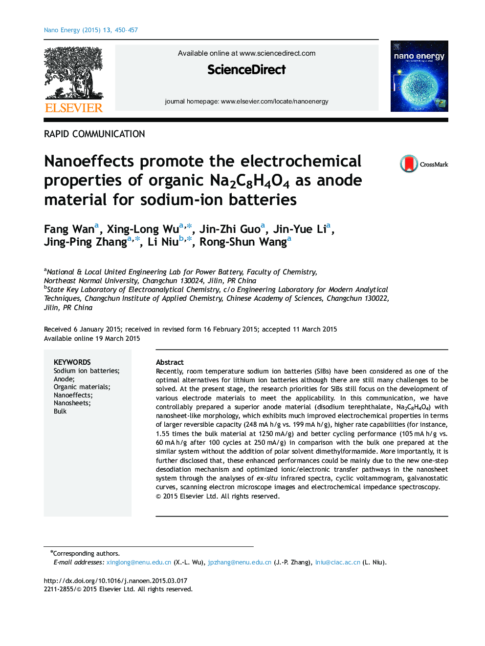 Nanoeffects promote the electrochemical properties of organic Na2C8H4O4 as anode material for sodium-ion batteries