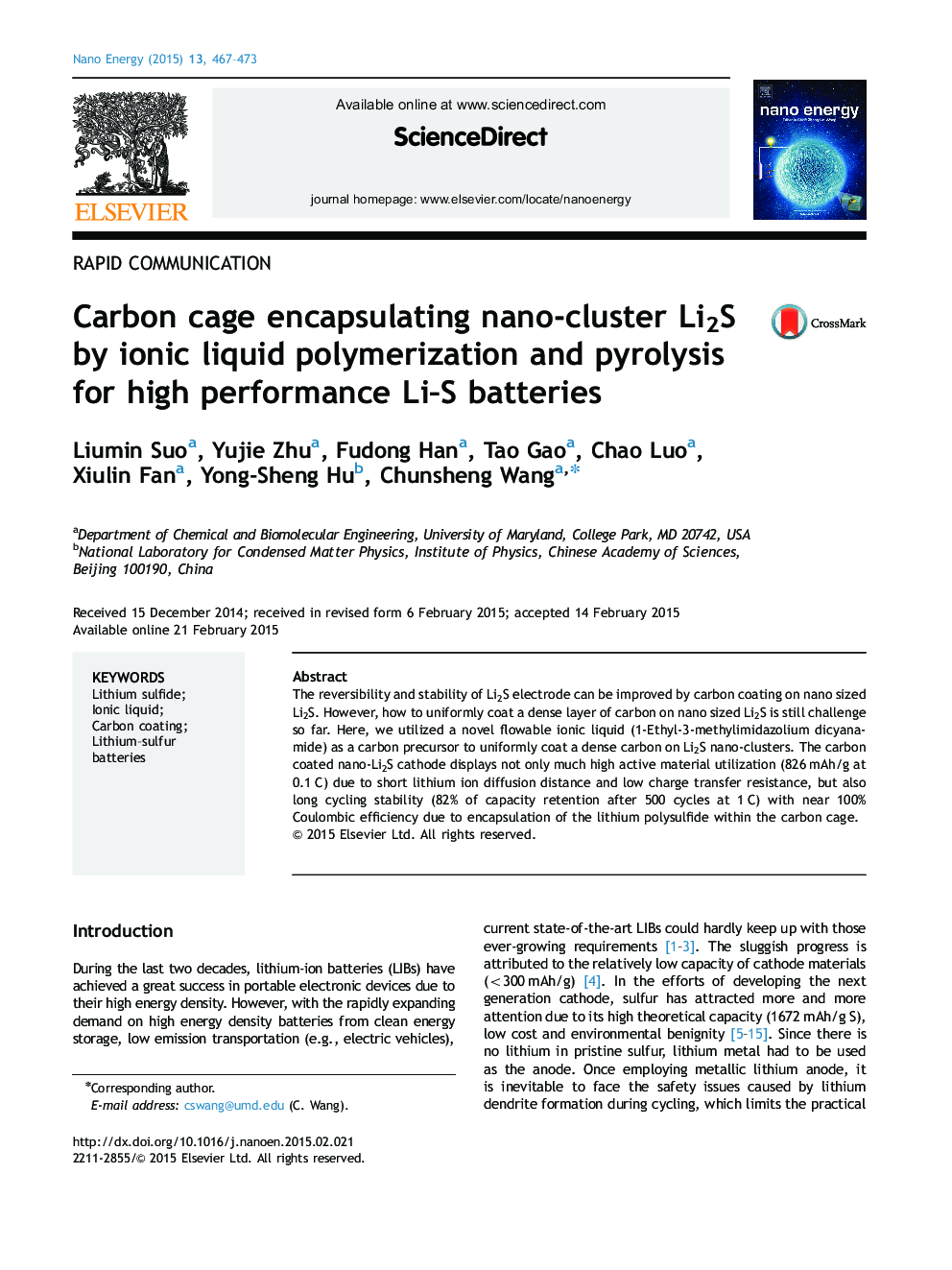 Carbon cage encapsulating nano-cluster Li2S by ionic liquid polymerization and pyrolysis for high performance Li–S batteries