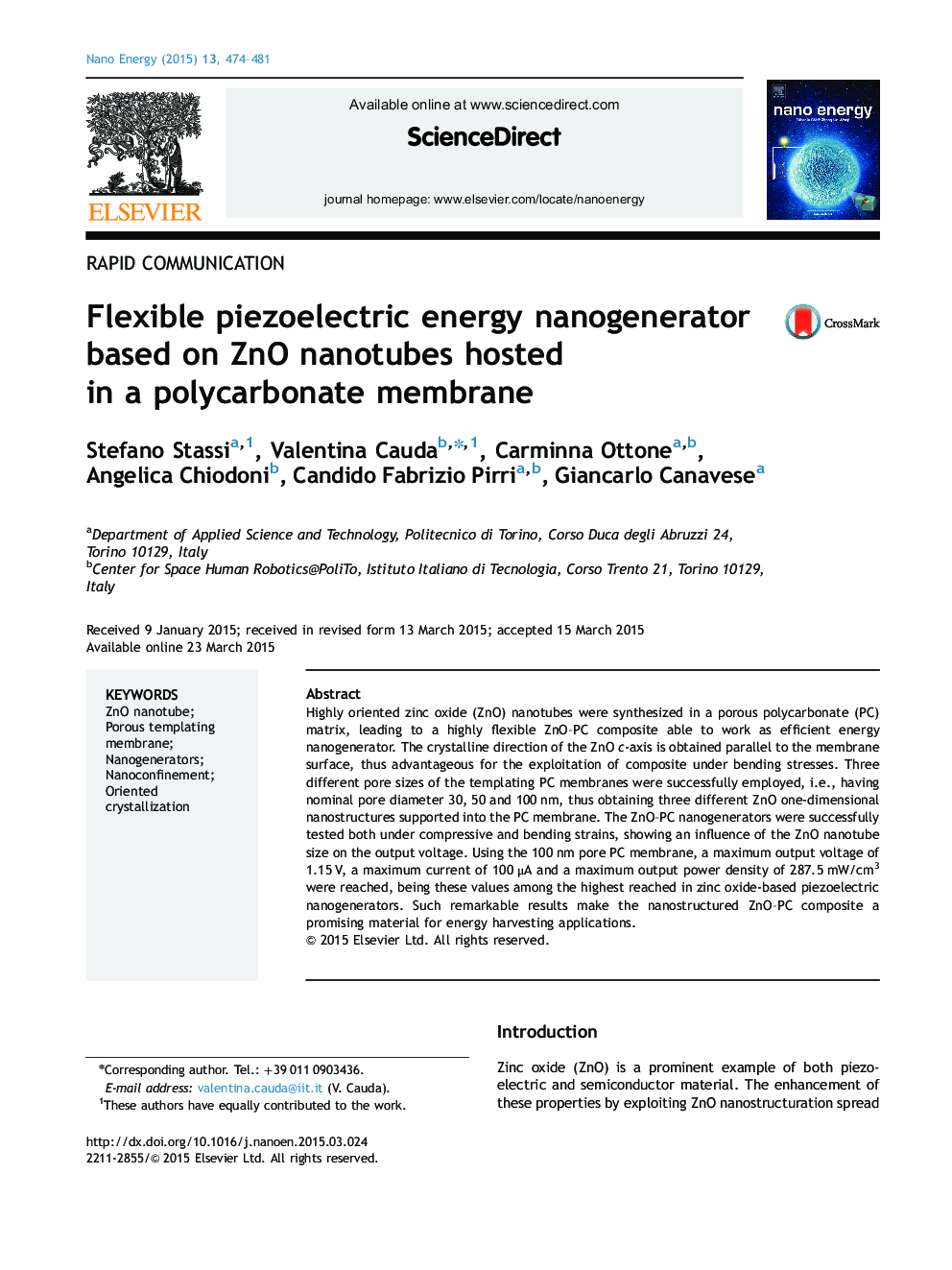 Flexible piezoelectric energy nanogenerator based on ZnO nanotubes hosted in a polycarbonate membrane