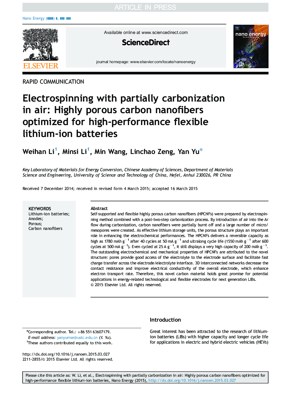 Electrospinning with partially carbonization in air: Highly porous carbon nanofibers optimized for high-performance flexible lithium-ion batteries