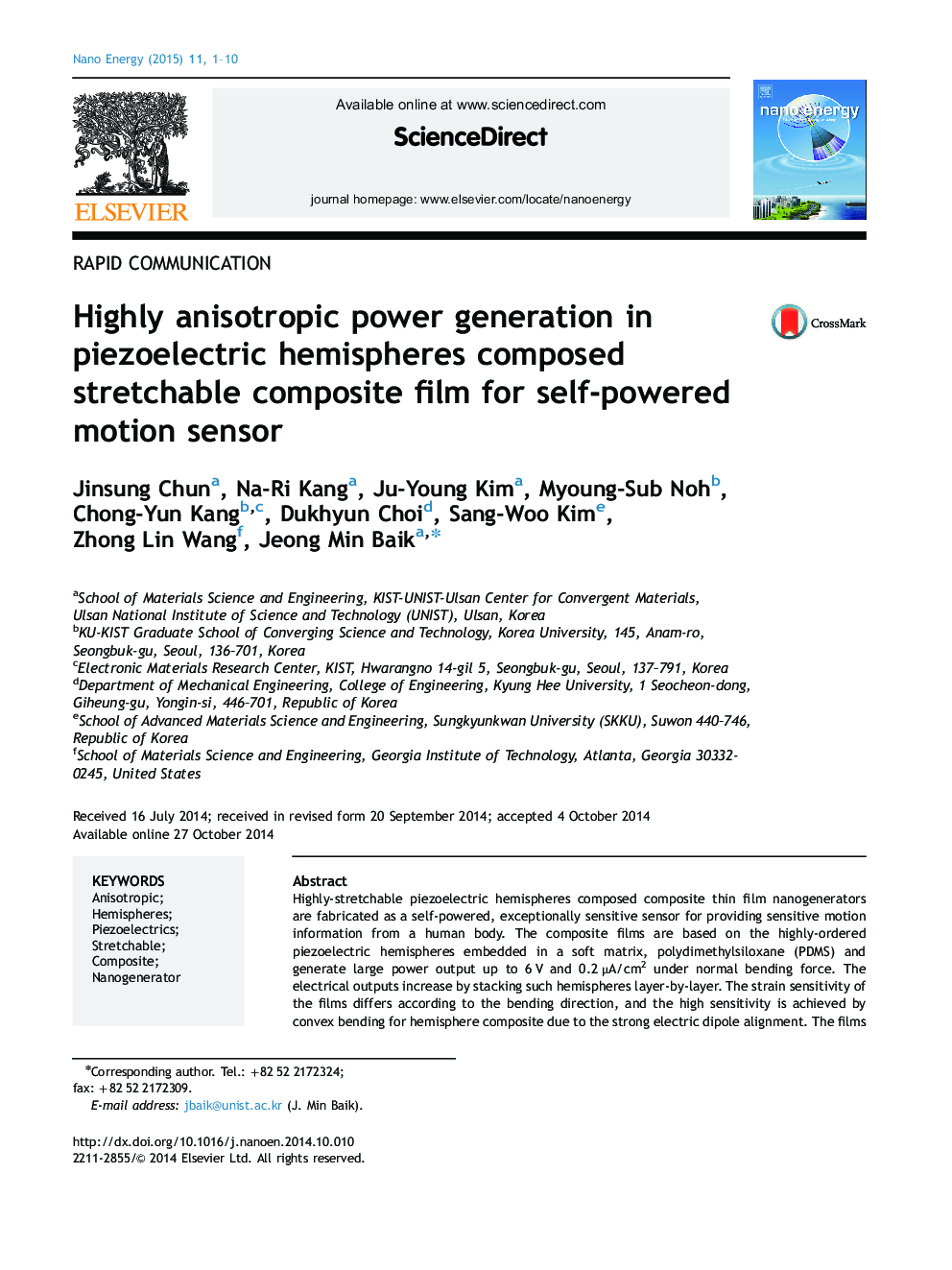 Highly anisotropic power generation in piezoelectric hemispheres composed stretchable composite film for self-powered motion sensor