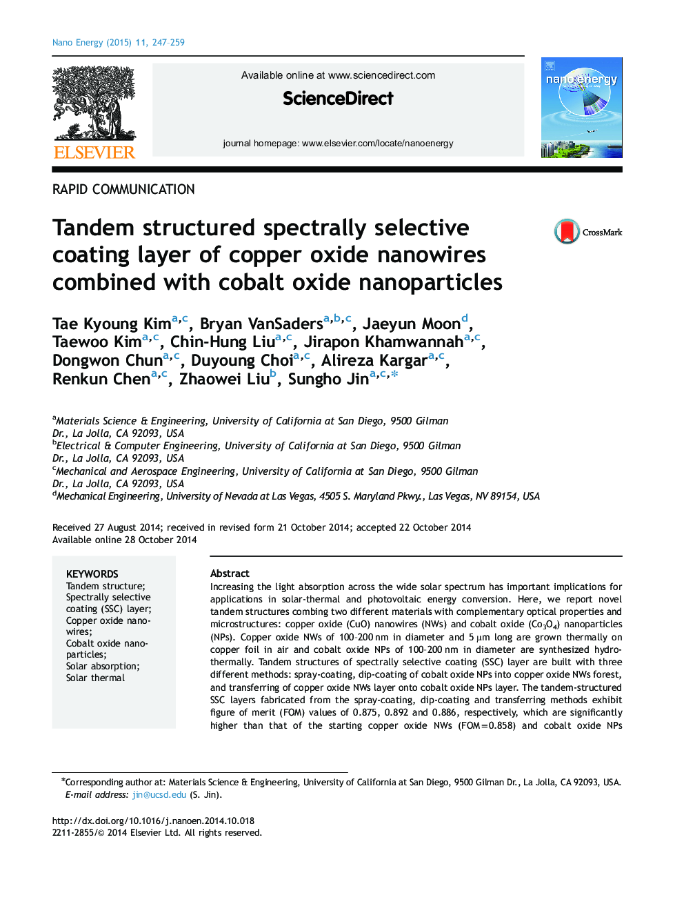 Tandem structured spectrally selective coating layer of copper oxide nanowires combined with cobalt oxide nanoparticles