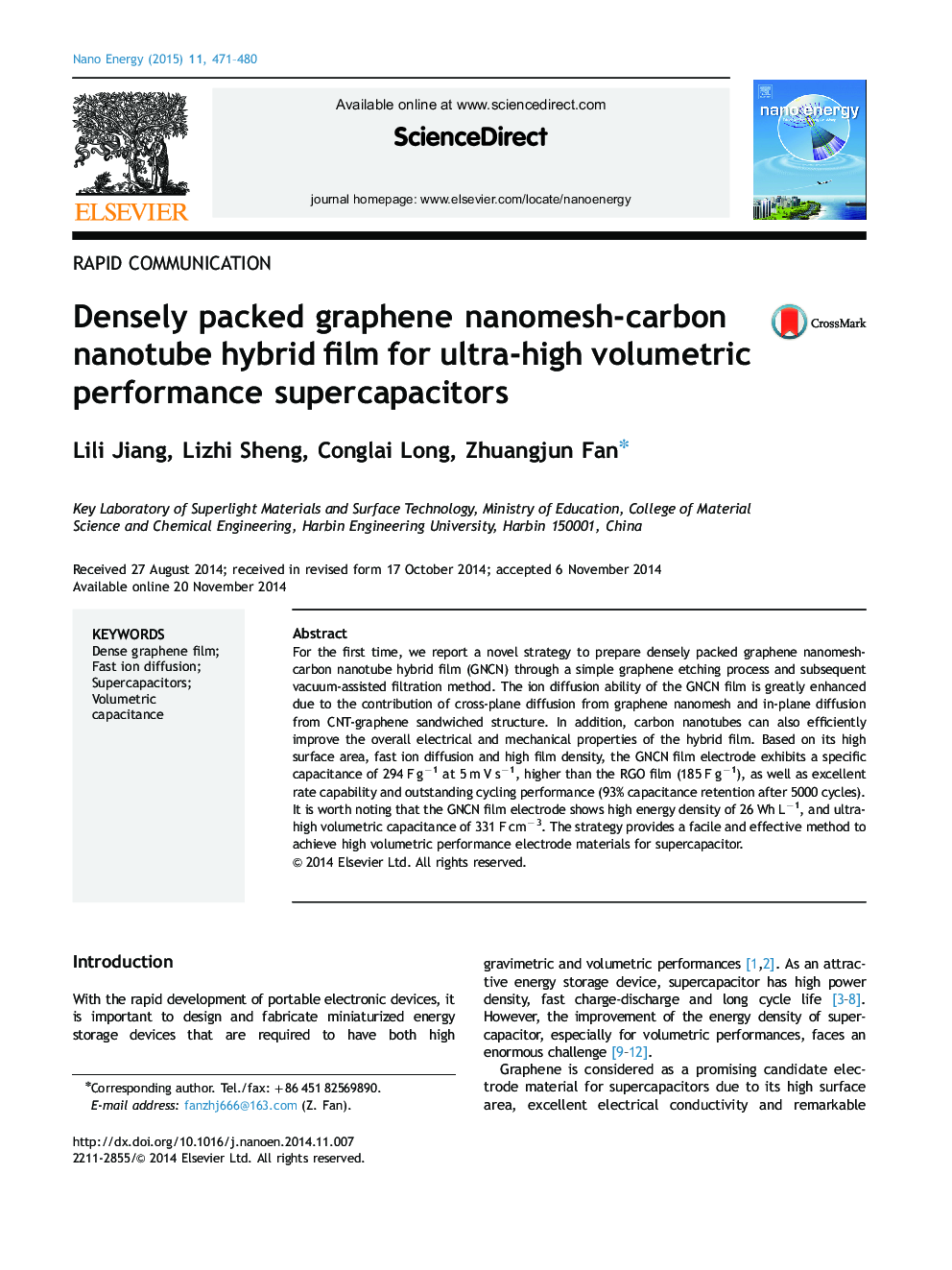 Densely packed graphene nanomesh-carbon nanotube hybrid film for ultra-high volumetric performance supercapacitors