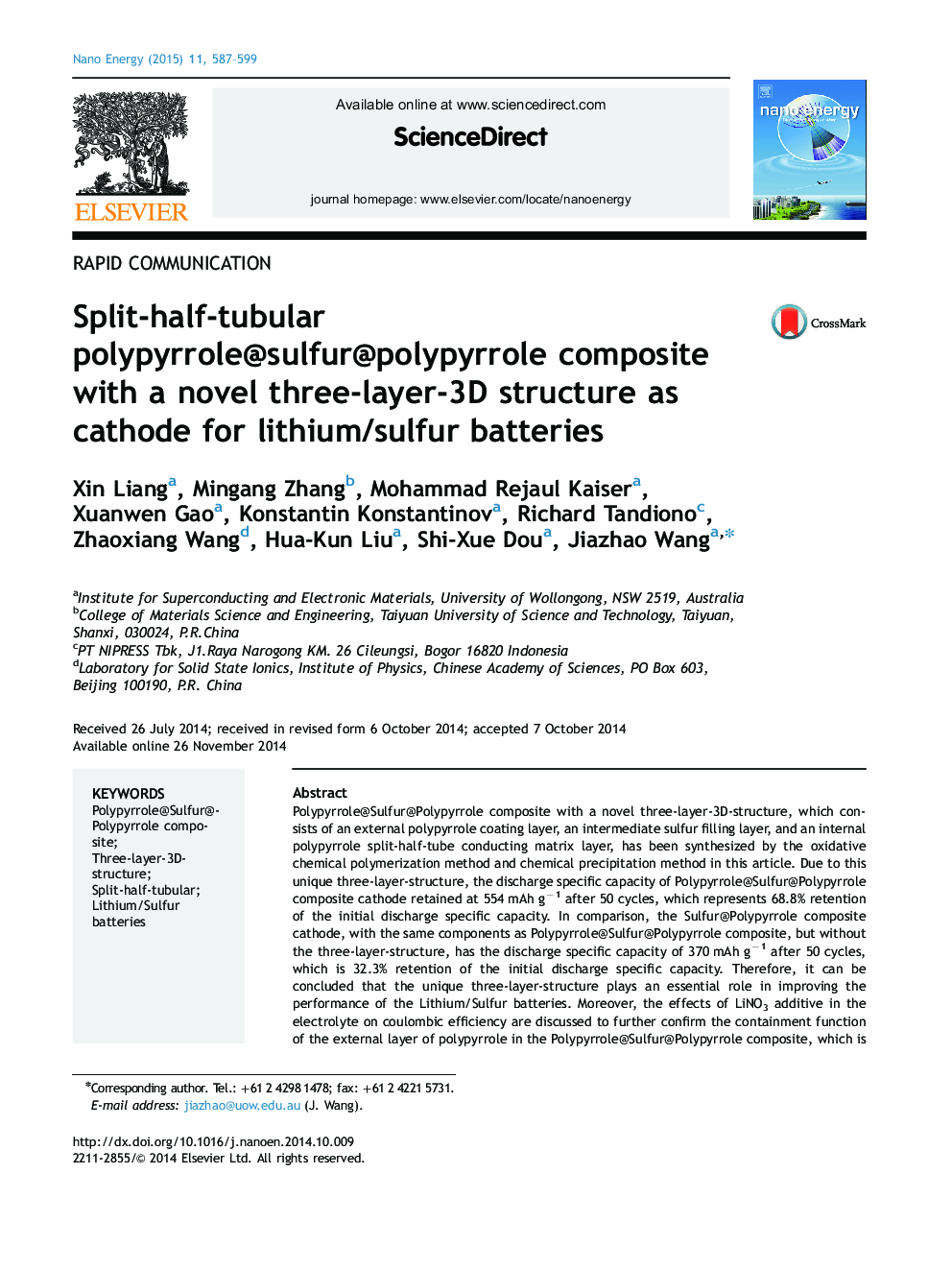 Split-half-tubular polypyrrole@sulfur@polypyrrole composite with a novel three-layer-3D structure as cathode for lithium/sulfur batteries