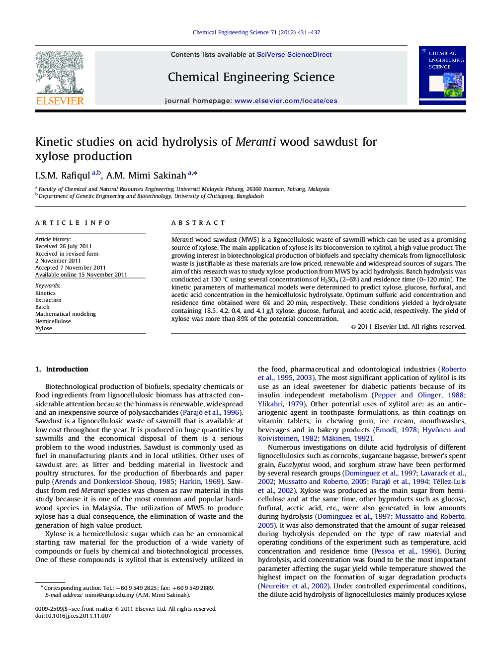 Kinetic studies on acid hydrolysis of Meranti wood sawdust for xylose production