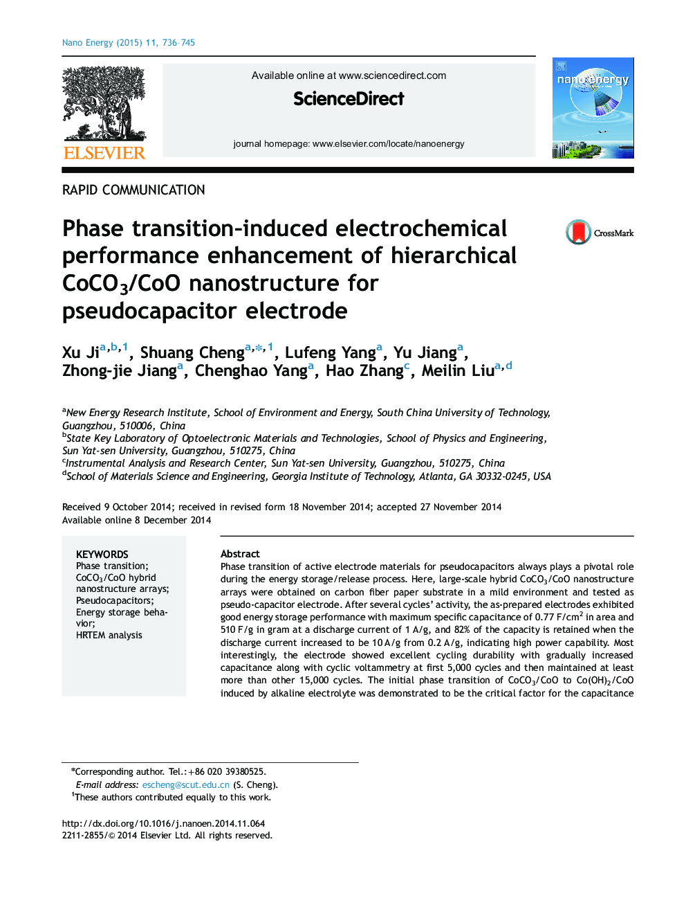 Phase transition-induced electrochemical performance enhancement of hierarchical CoCO3/CoO nanostructure for pseudocapacitor electrode