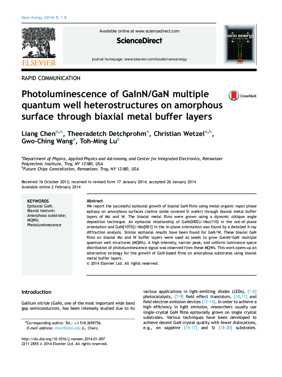 Photoluminescence of GaInN/GaN multiple quantum well heterostructures on amorphous surface through biaxial metal buffer layers