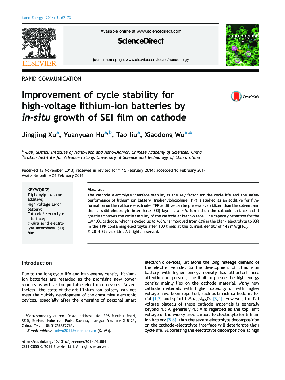 Improvement of cycle stability for high-voltage lithium-ion batteries by in-situ growth of SEI film on cathode
