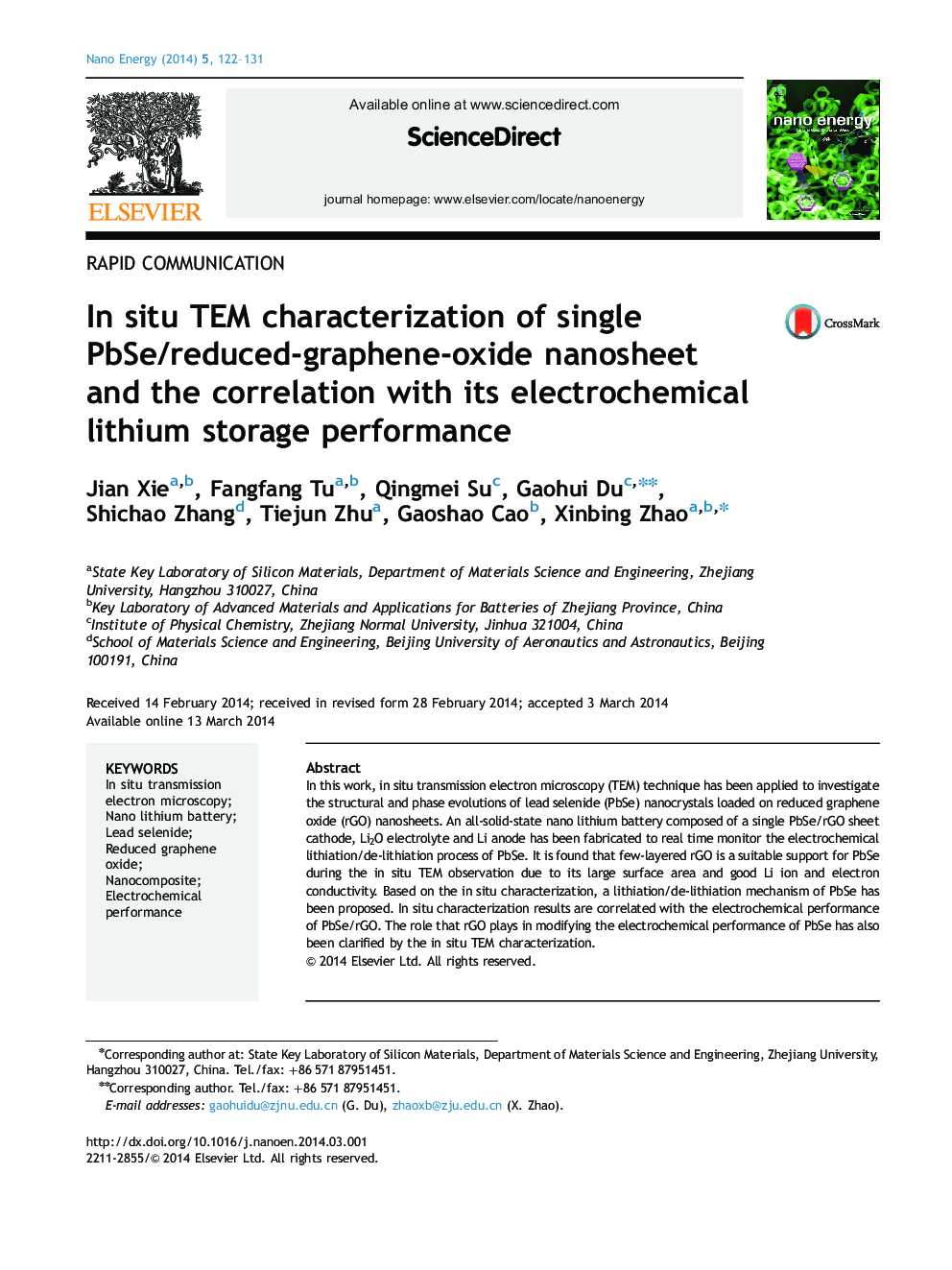 In situ TEM characterization of single PbSe/reduced-graphene-oxide nanosheet and the correlation with its electrochemical lithium storage performance