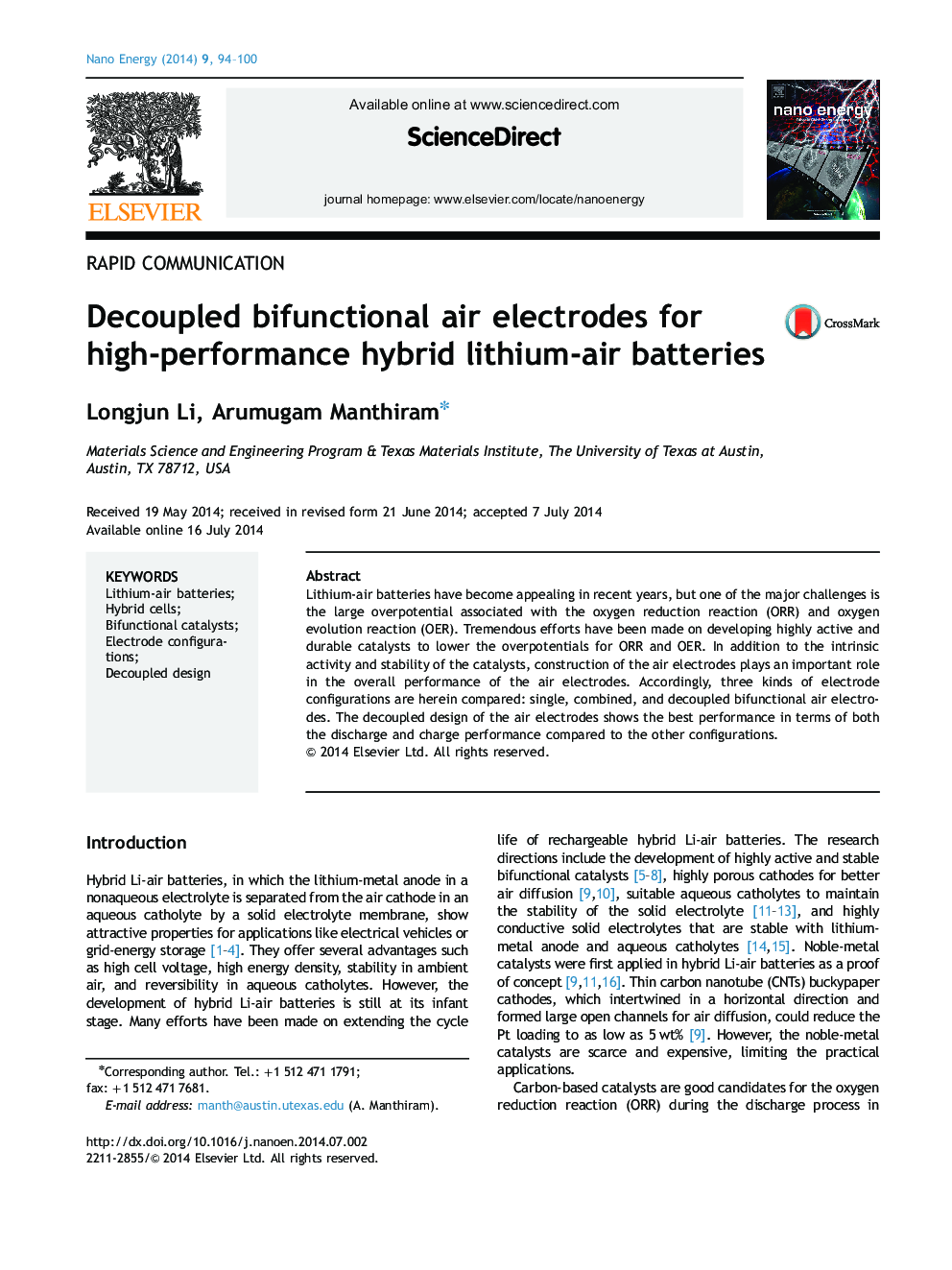 Decoupled bifunctional air electrodes for high-performance hybrid lithium-air batteries