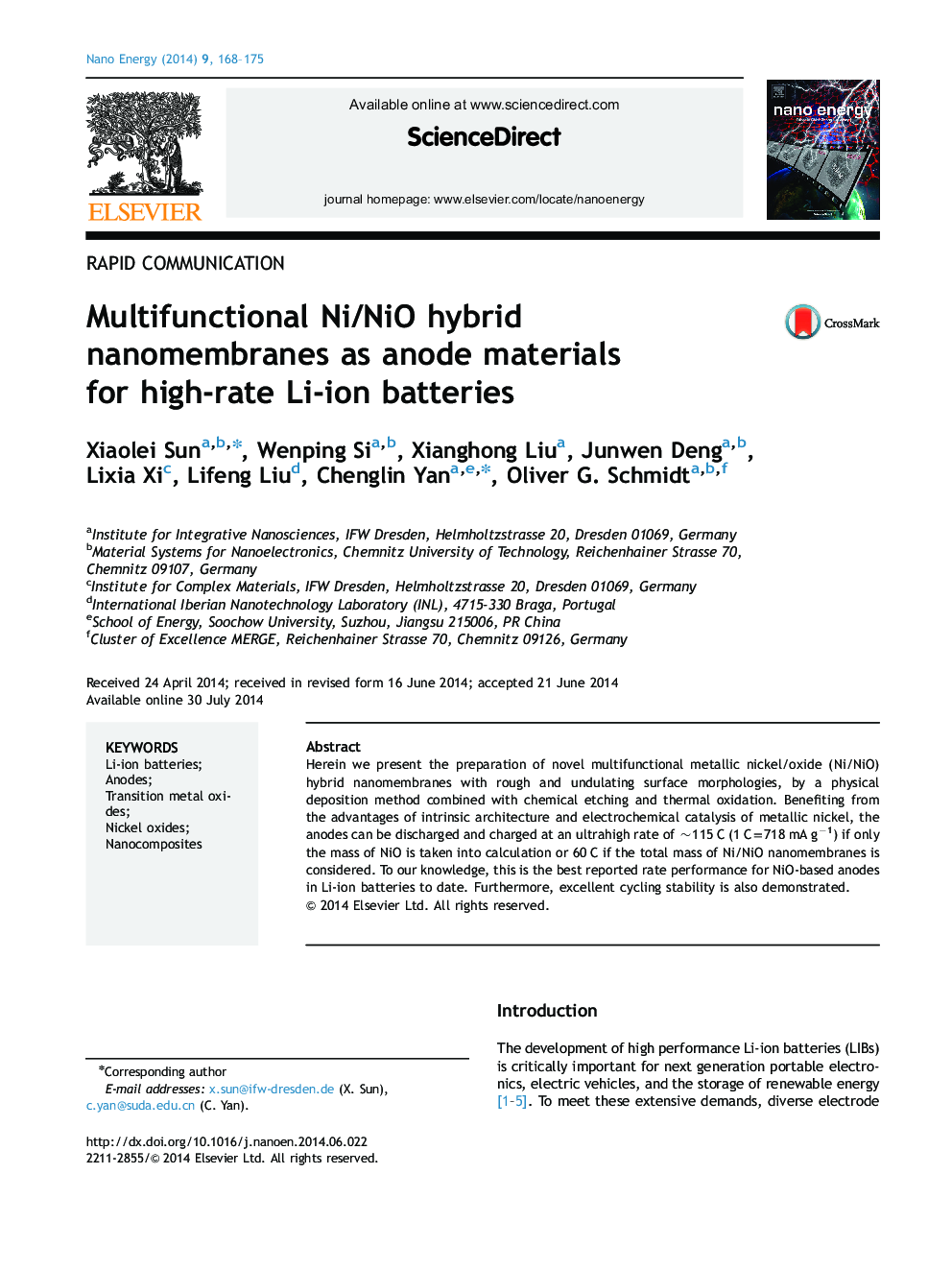 Multifunctional Ni/NiO hybrid nanomembranes as anode materials for high-rate Li-ion batteries