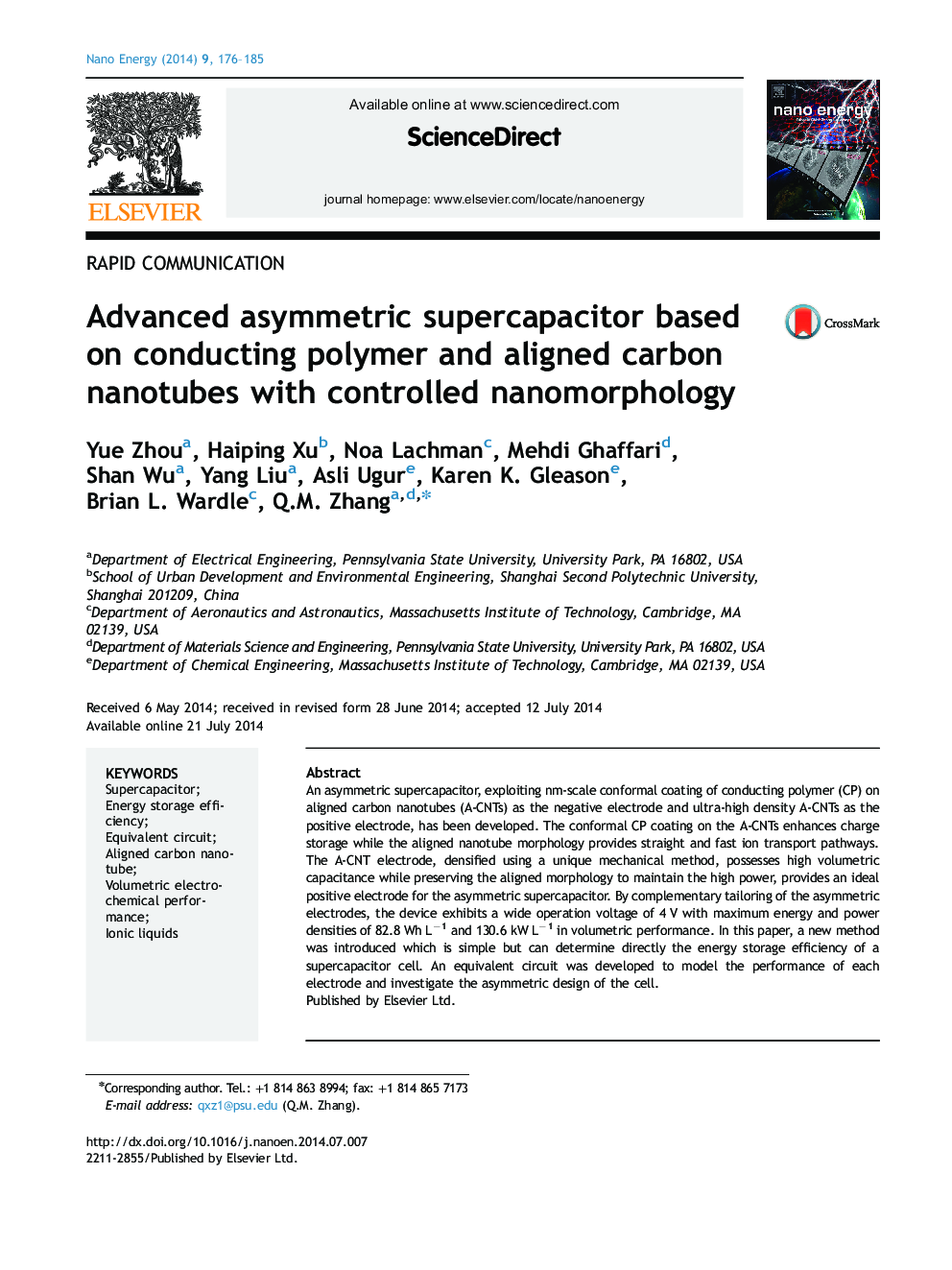 Advanced asymmetric supercapacitor based on conducting polymer and aligned carbon nanotubes with controlled nanomorphology