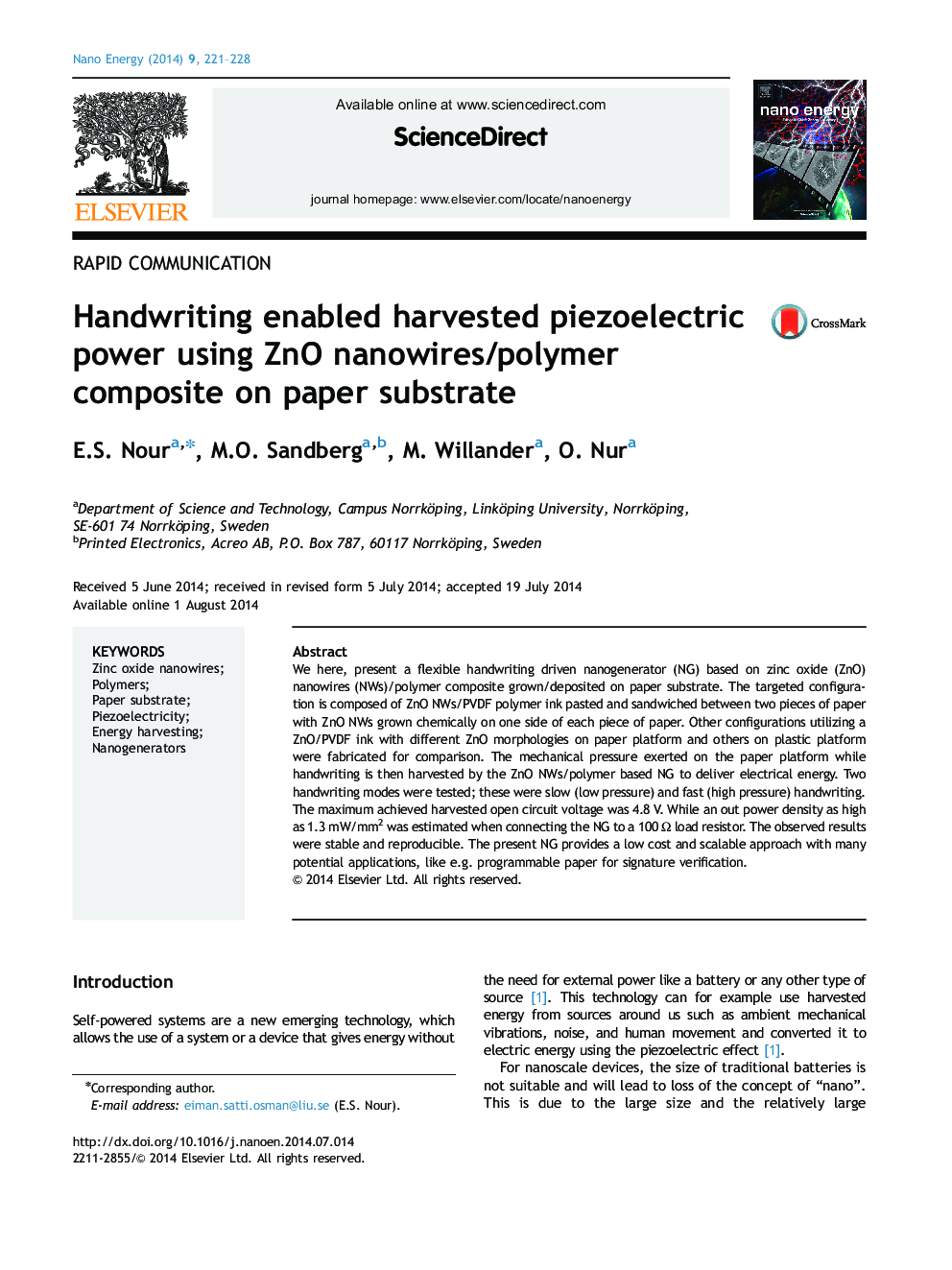 Handwriting enabled harvested piezoelectric power using ZnO nanowires/polymer composite on paper substrate