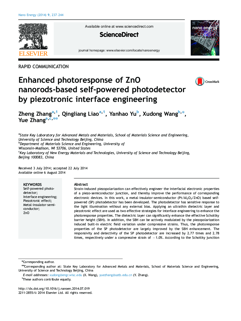 Enhanced photoresponse of ZnO nanorods-based self-powered photodetector by piezotronic interface engineering