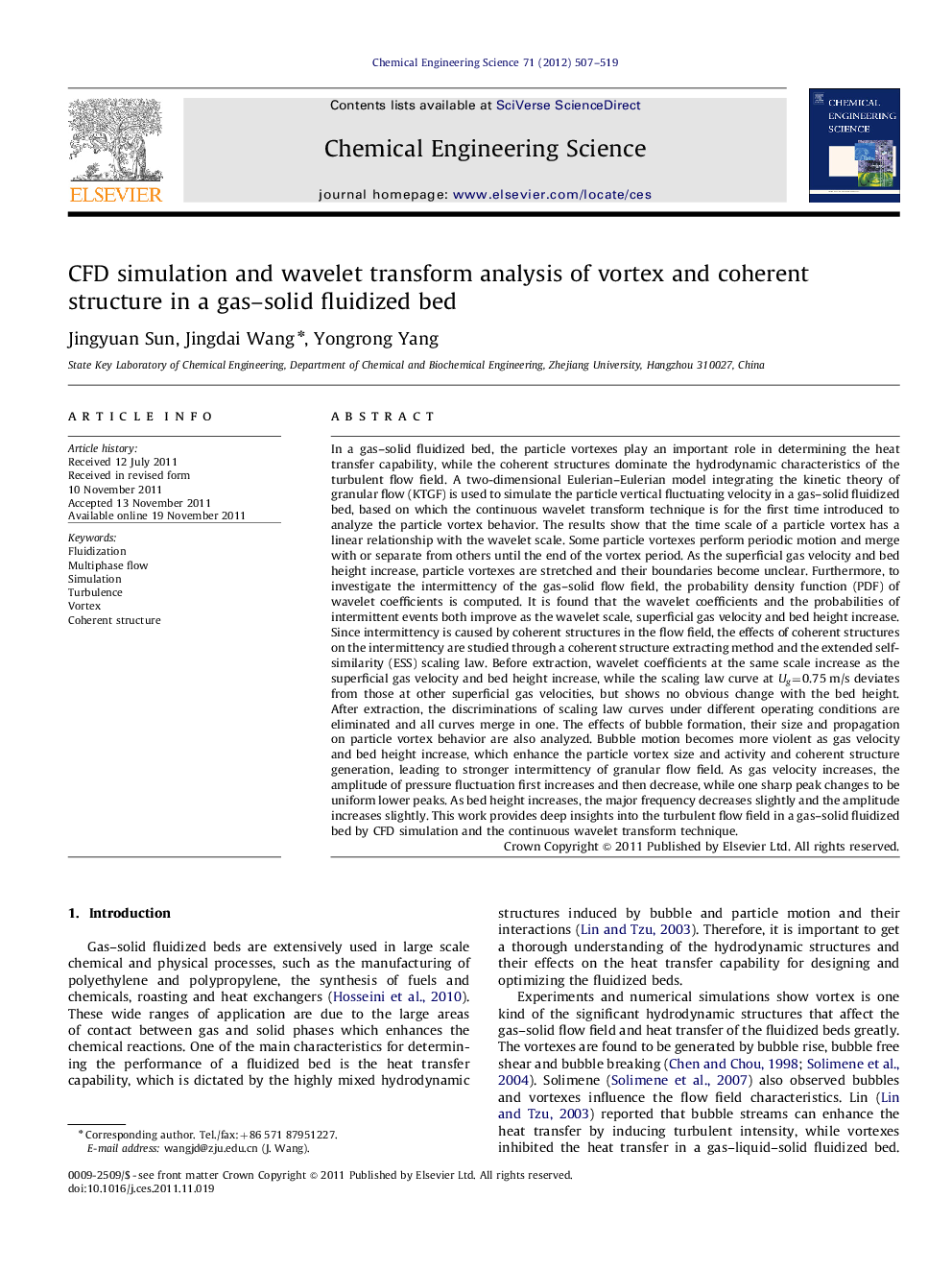 CFD simulation and wavelet transform analysis of vortex and coherent structure in a gas–solid fluidized bed