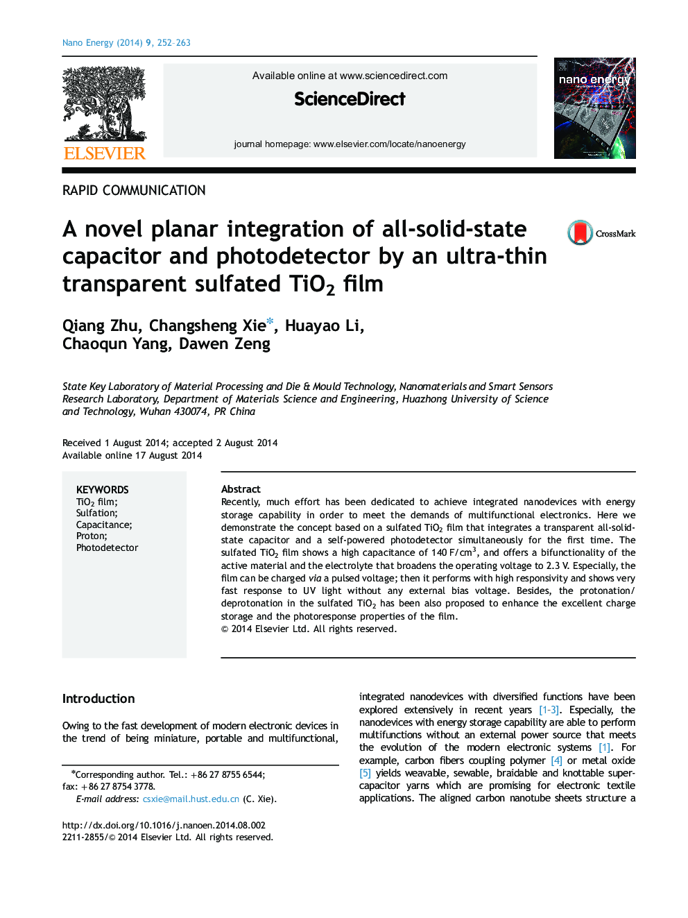 A novel planar integration of all-solid-state capacitor and photodetector by an ultra-thin transparent sulfated TiO2 film