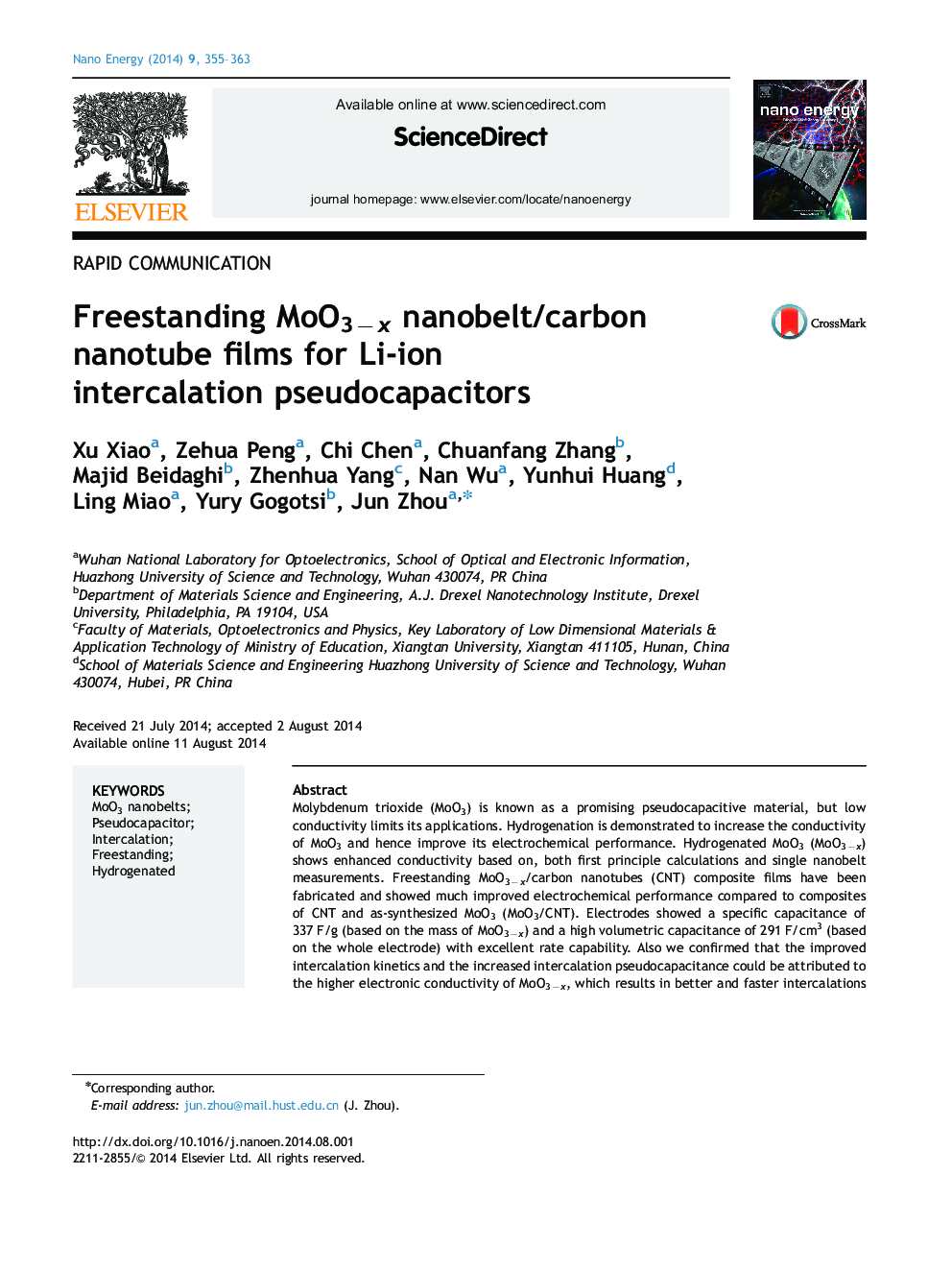 Freestanding MoO3âx nanobelt/carbon nanotube films for Li-ion intercalation pseudocapacitors