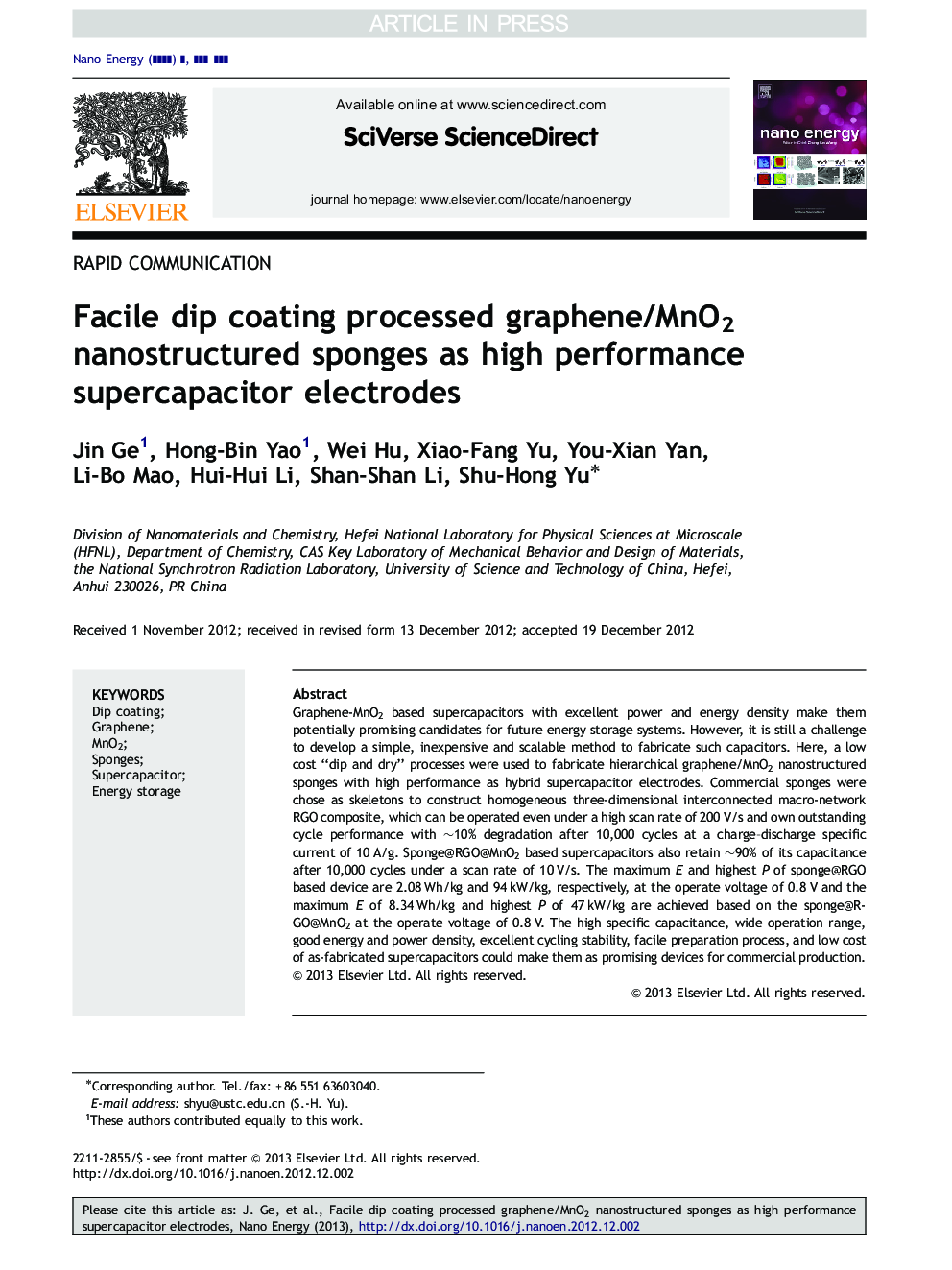 Facile dip coating processed graphene/MnO2 nanostructured sponges as high performance supercapacitor electrodes