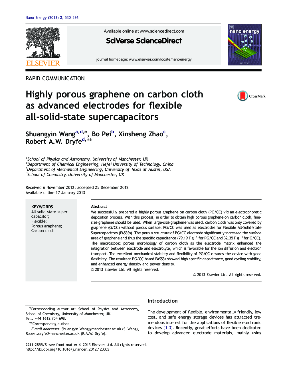 Highly porous graphene on carbon cloth as advanced electrodes for flexible all-solid-state supercapacitors