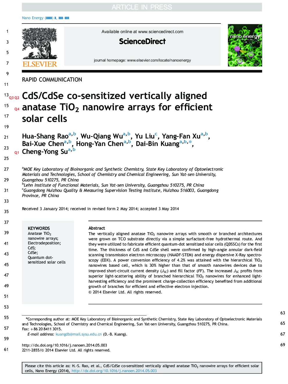 CdS/CdSe co-sensitized vertically aligned anatase TiO2 nanowire arrays for efficient solar cells