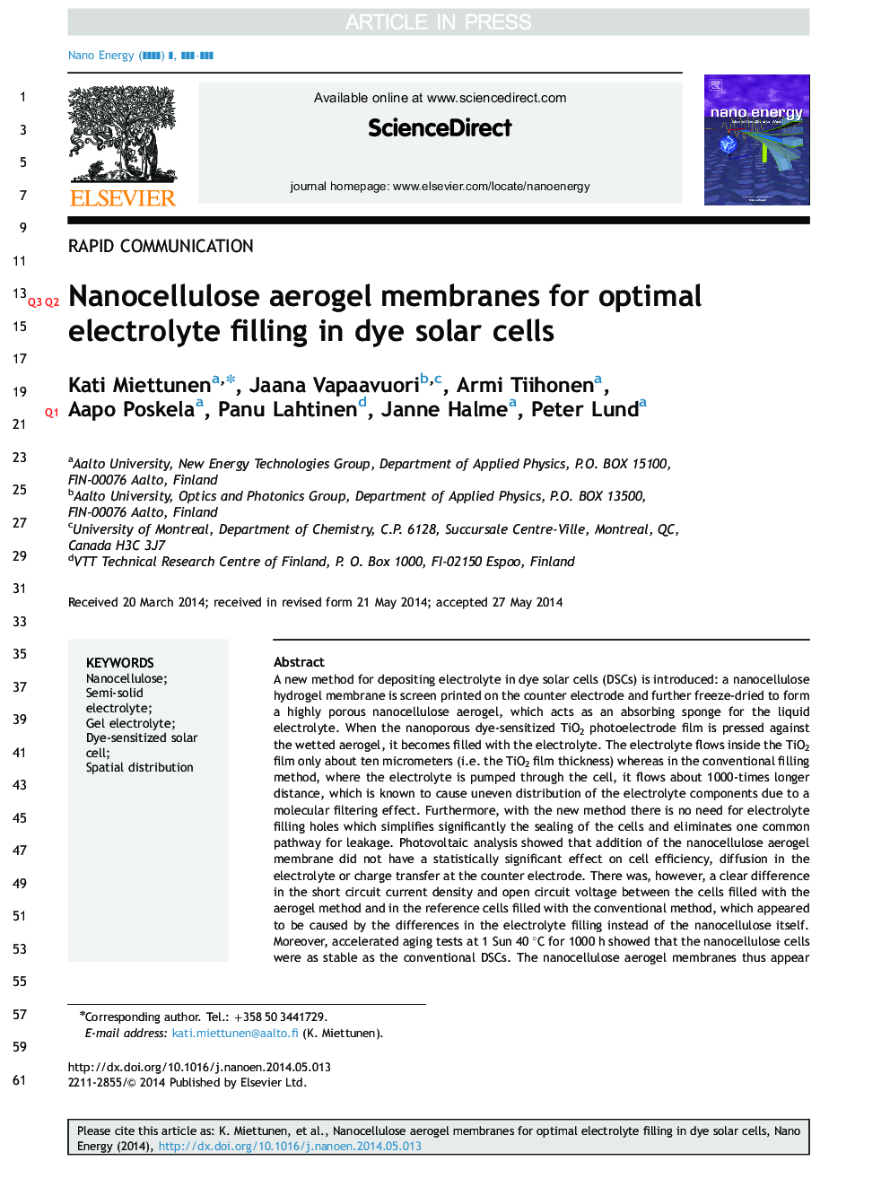 غشای آئروژل نانوسلولوز برای پر کردن الکترولیت بهینه در سلول های خورشیدی رنگی 