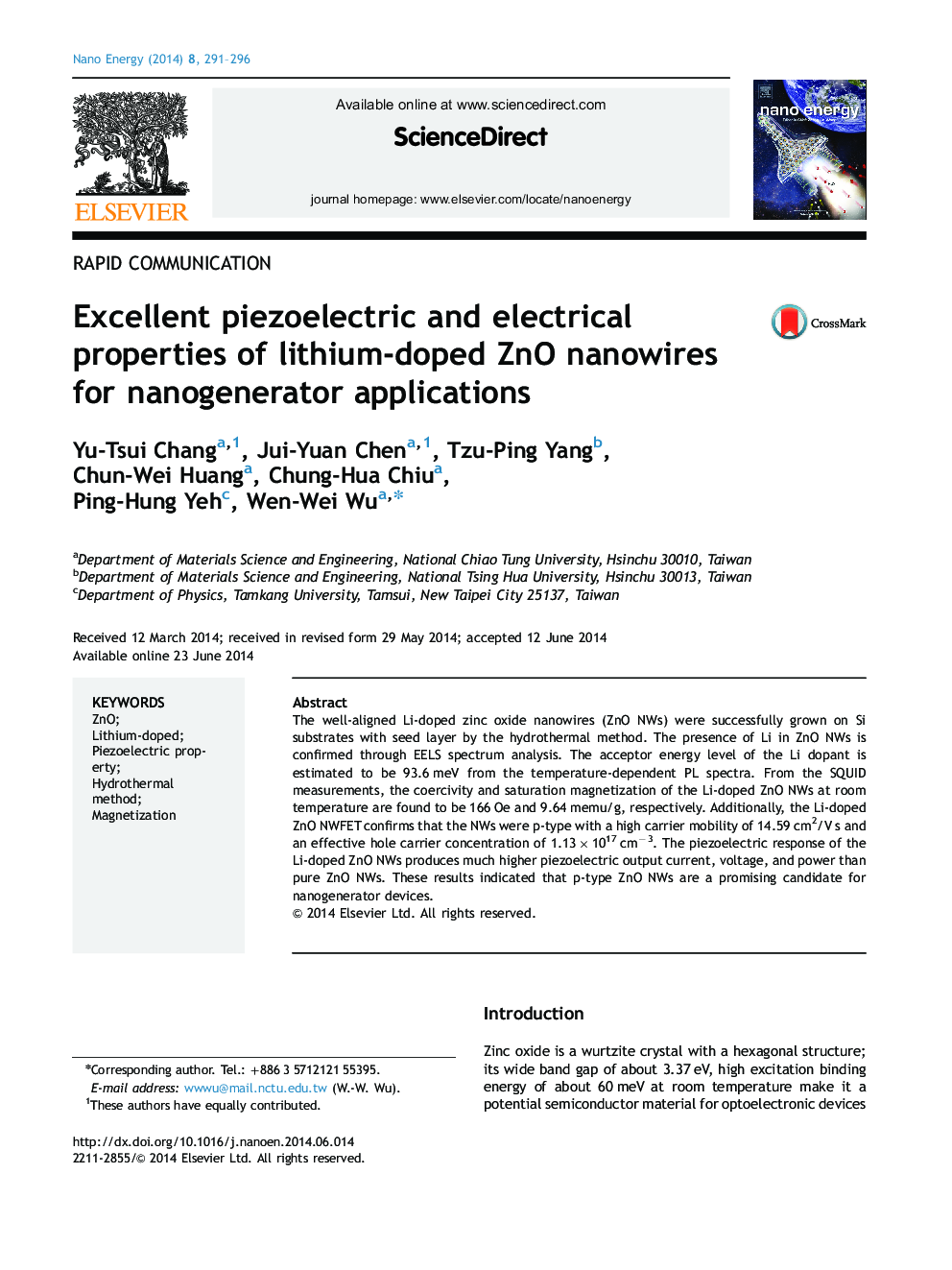 Excellent piezoelectric and electrical properties of lithium-doped ZnO nanowires for nanogenerator applications