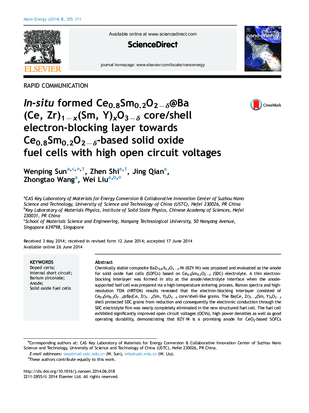 In-situ formed Ce0.8Sm0.2O2âÎ´@Ba(Ce, Zr)1âx(Sm, Y)xO3âÎ´ core/shell electron-blocking layer towards Ce0.8Sm0.2O2âÎ´-based solid oxide fuel cells with high open circuit voltages