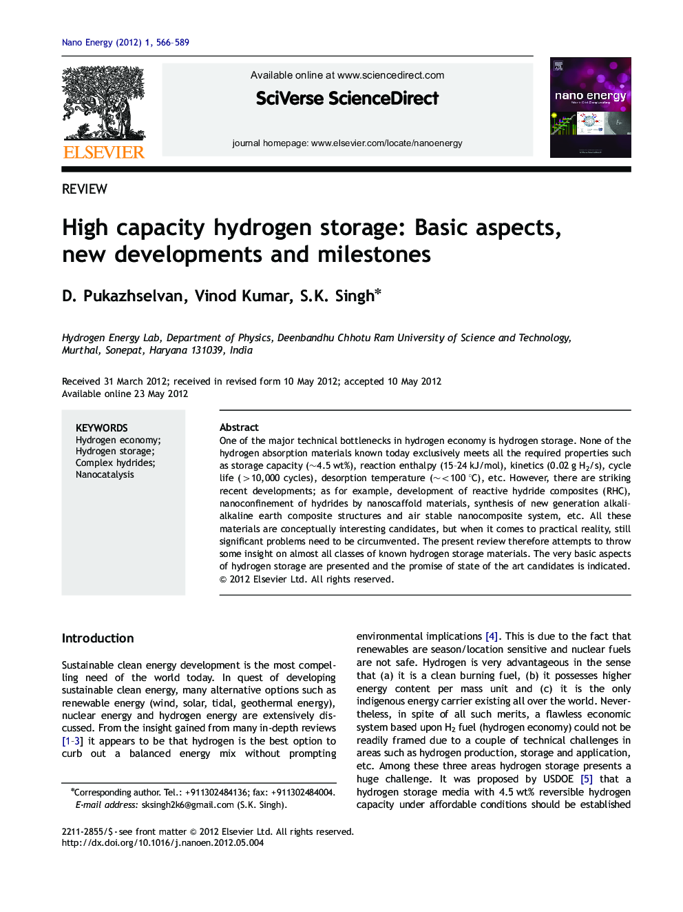 High capacity hydrogen storage: Basic aspects, new developments and milestones