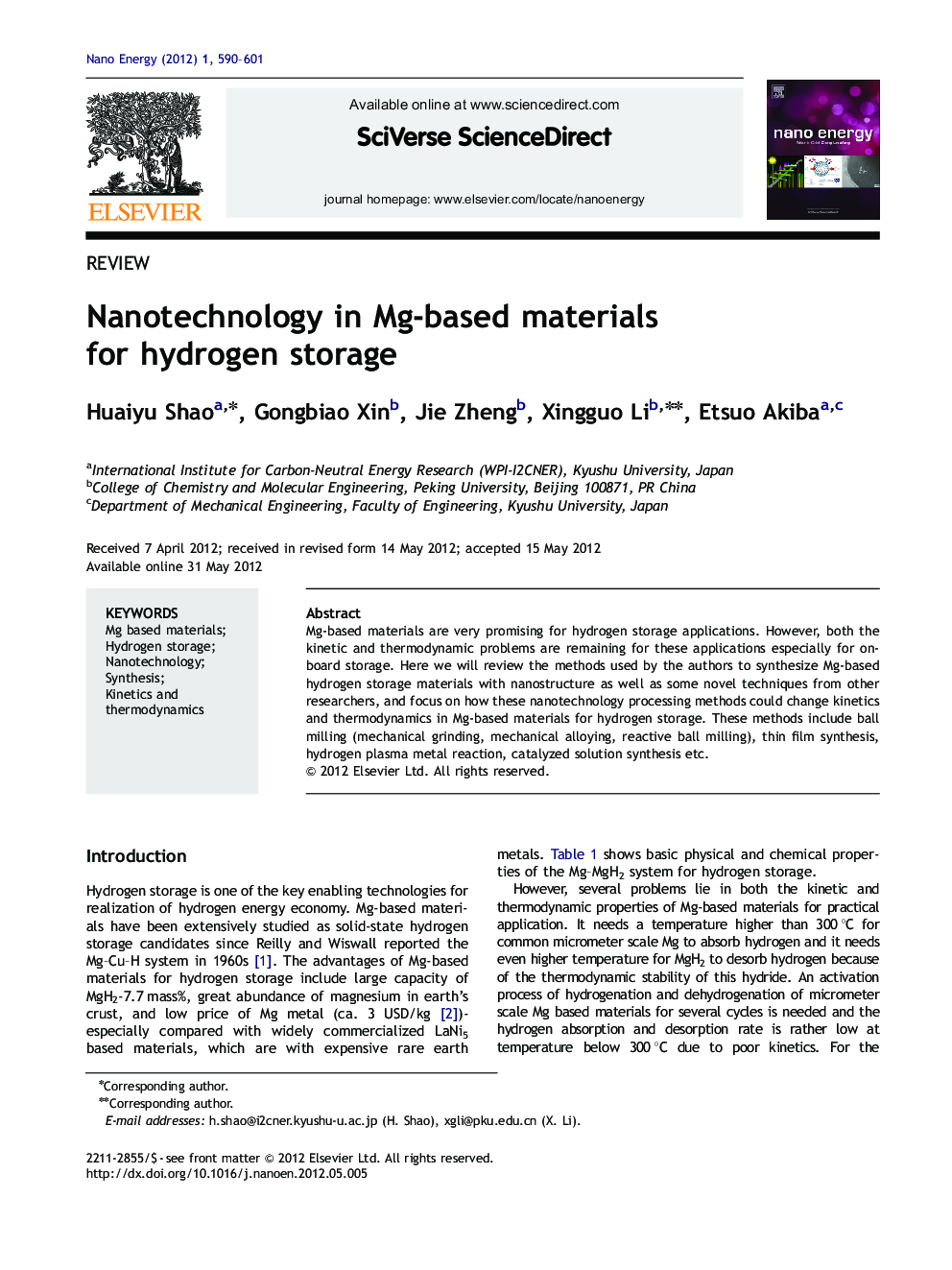 Nanotechnology in Mg-based materials for hydrogen storage