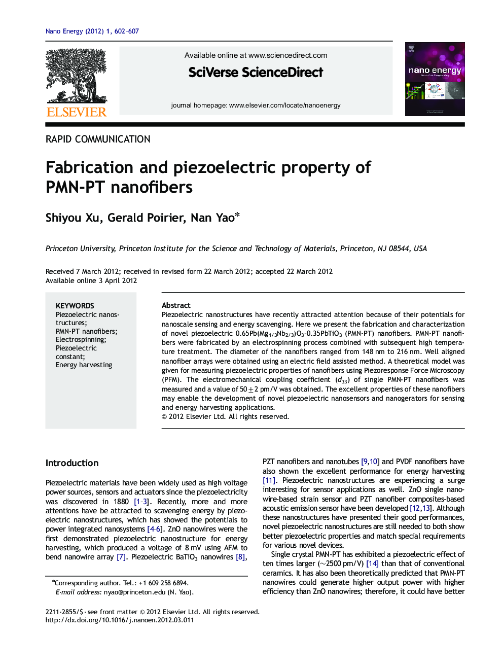 Fabrication and piezoelectric property of PMN-PT nanofibers