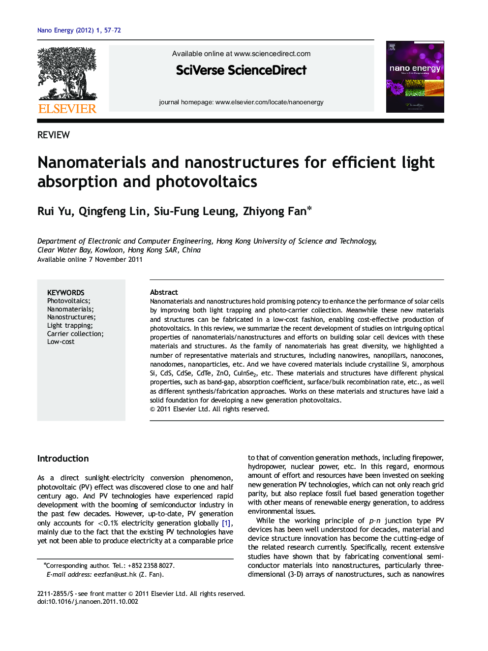 Nanomaterials and nanostructures for efficient light absorption and photovoltaics
