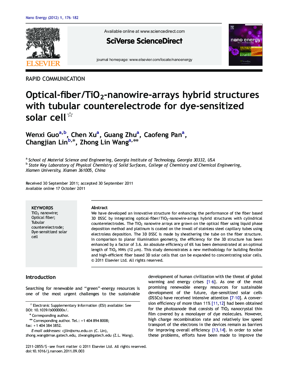 Optical-fiber/TiO2-nanowire-arrays hybrid structures with tubular counterelectrode for dye-sensitized solar cell 