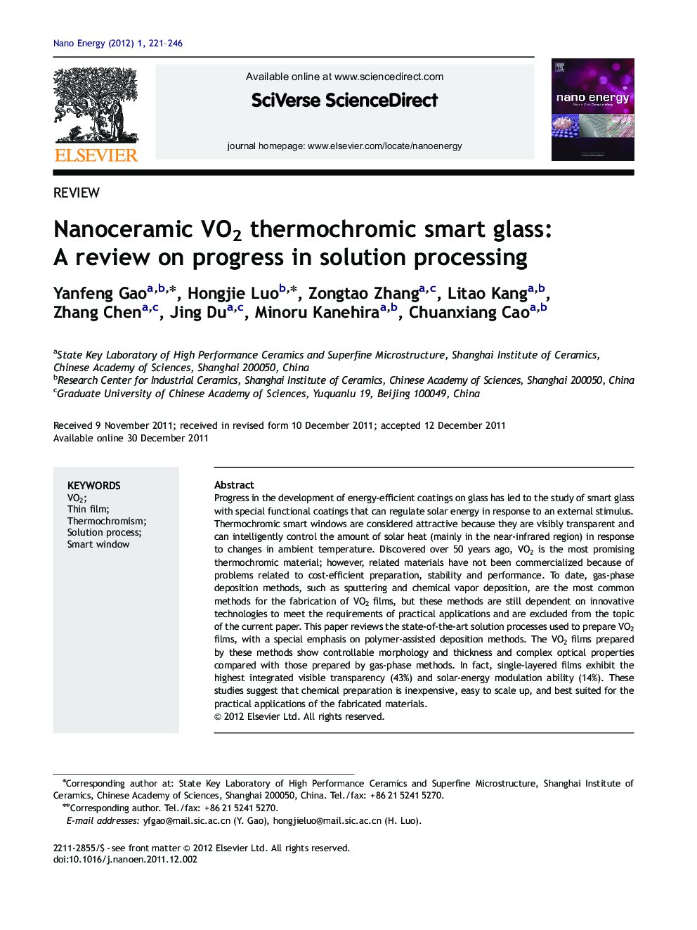 Nanoceramic VO2 thermochromic smart glass: A review on progress in solution processing