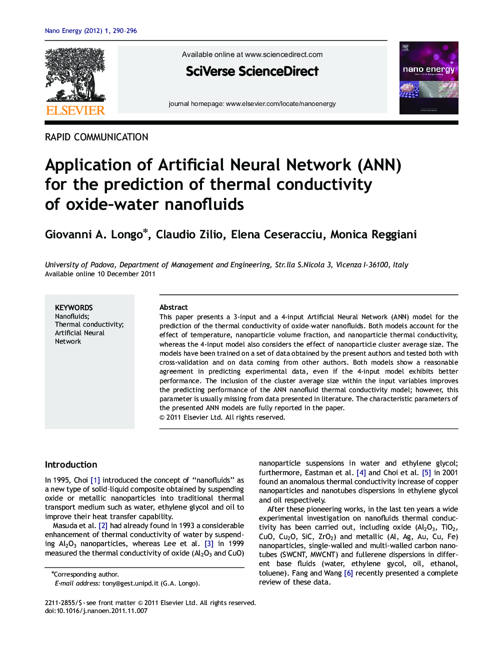 عکس صفحه اول مقاله: Application of Artificial Neural Network (ANN) for the prediction of thermal conductivity of oxide–water nanofluids Application of Artificial Neural Network (ANN) for the prediction of thermal conductivity of oxide–water nanofluids